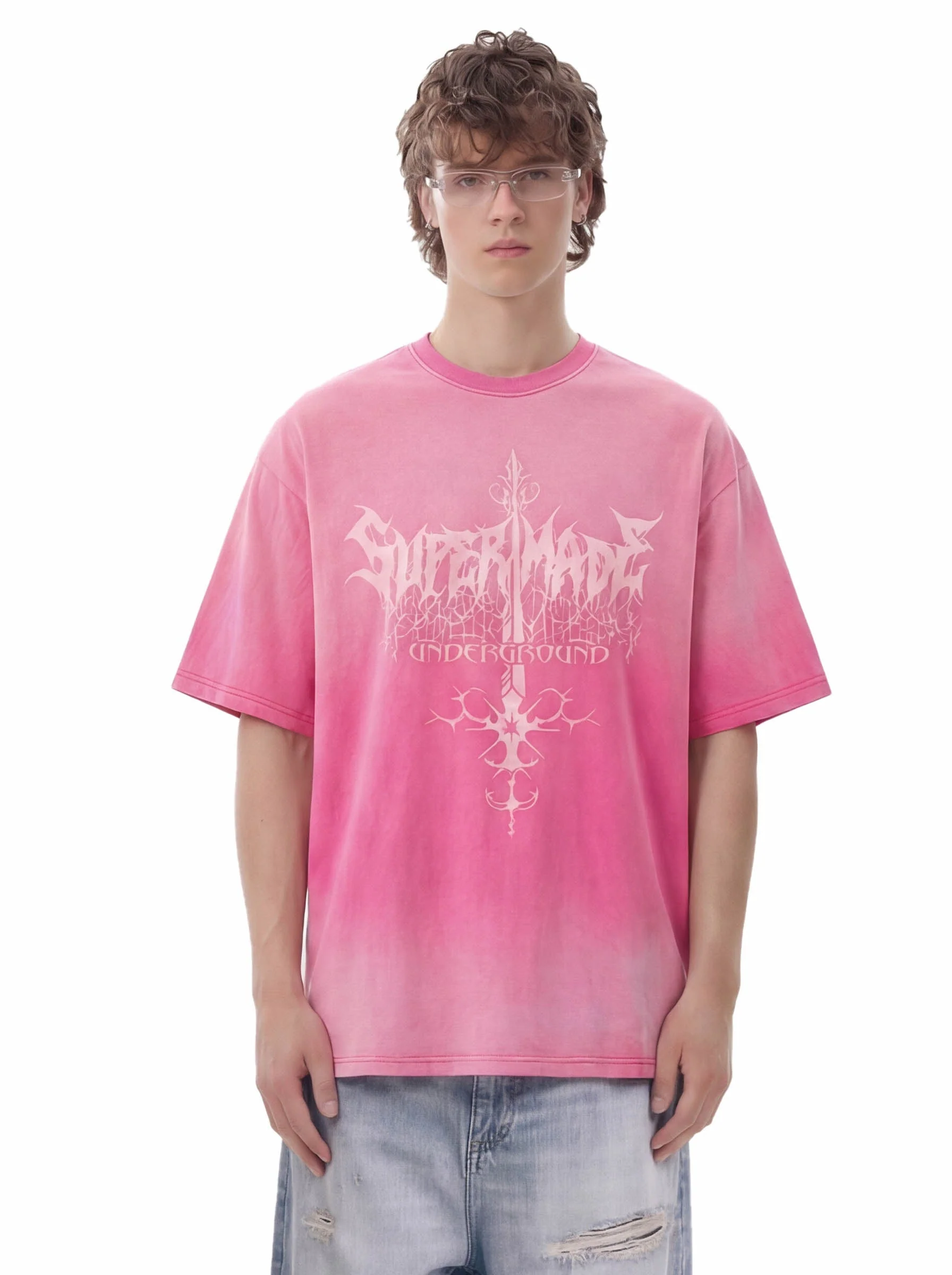 Acid Wash Gothic Cross Spine Graphic Distressed T-Shirt