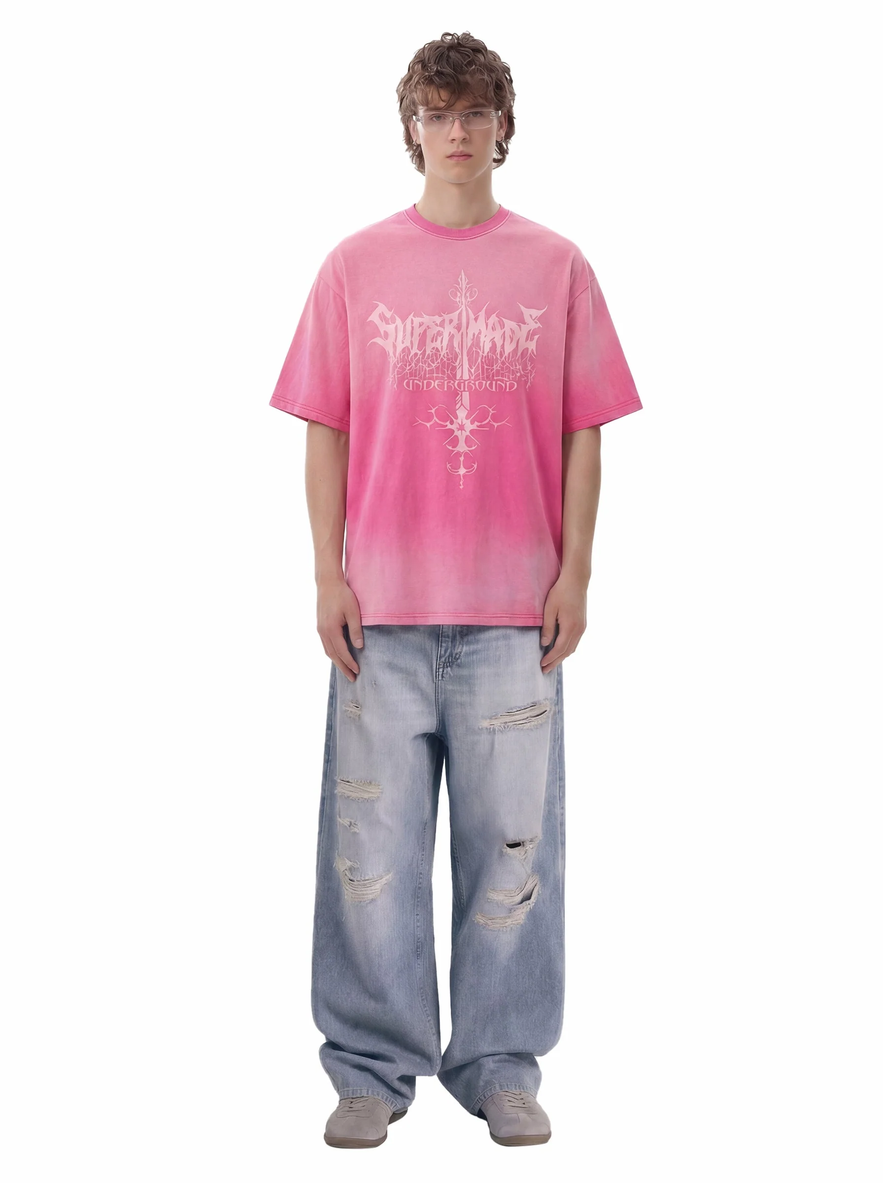 Acid Wash Gothic Cross Spine Graphic Distressed T-Shirt - Image 4