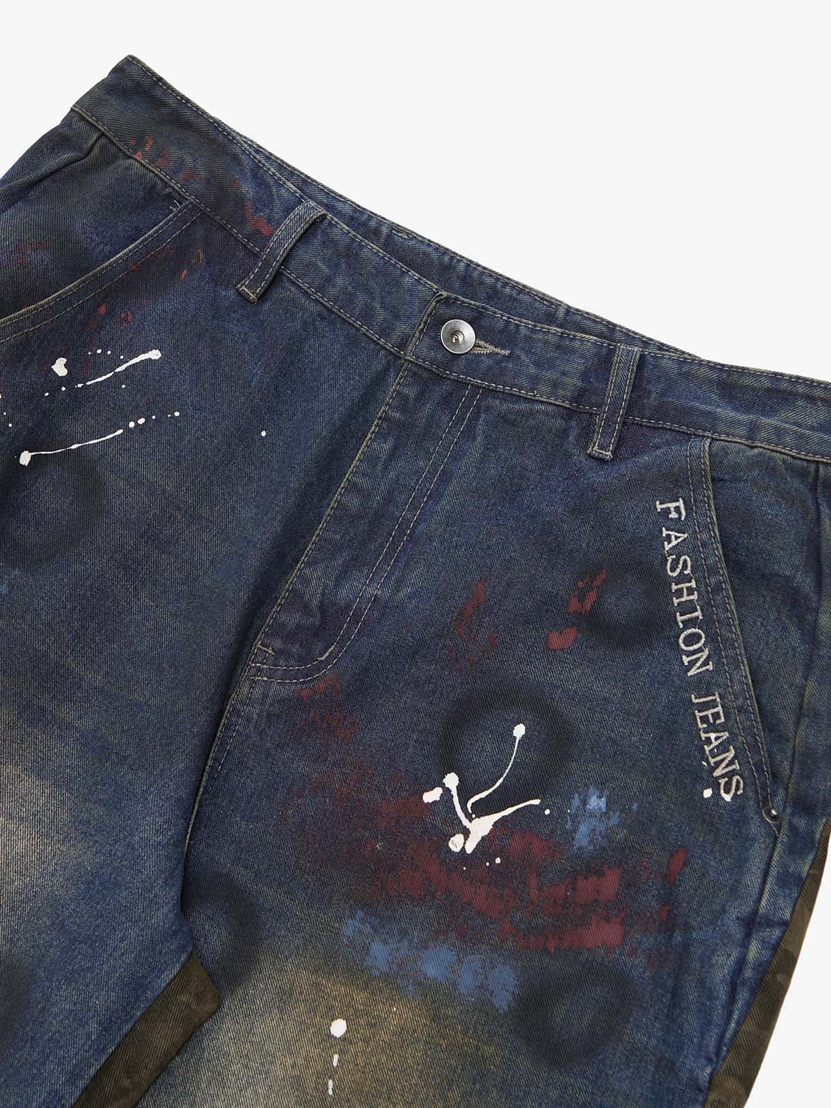 Washed Stripe Patchwork Totem Print Baggy Jeans - Image 14
