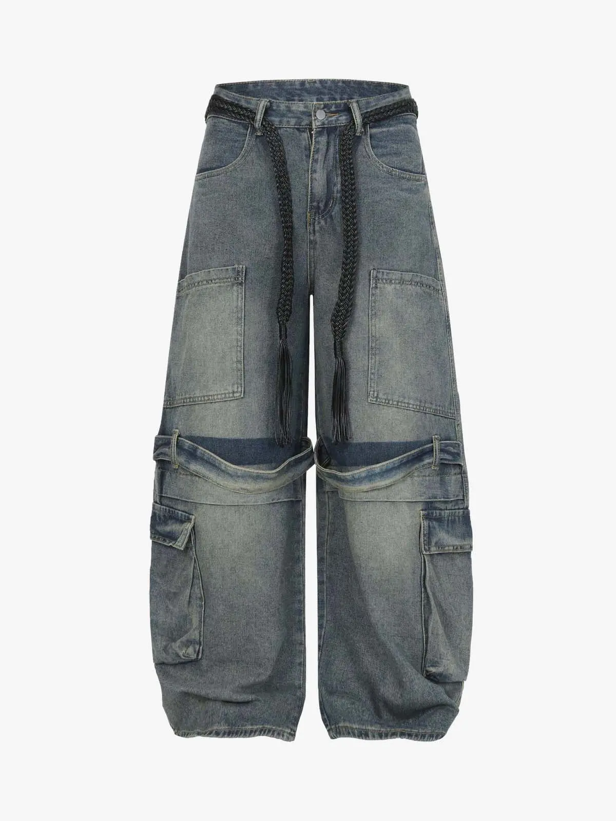 Braided Drawstring Waist Patchwork Cargo Jeans
