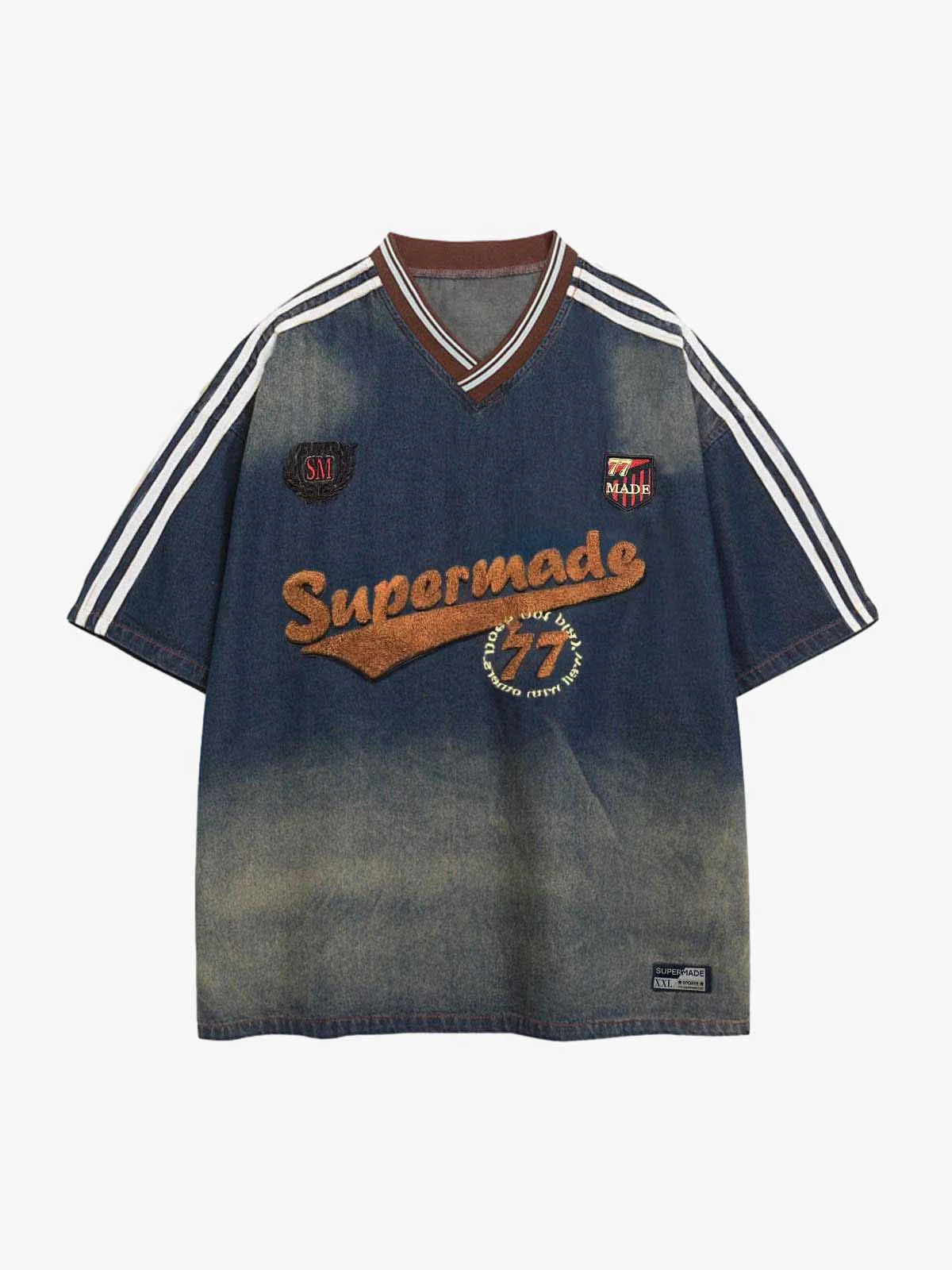 Denim Vintage Washed Distressed Gradient Embroidery T-Shirt