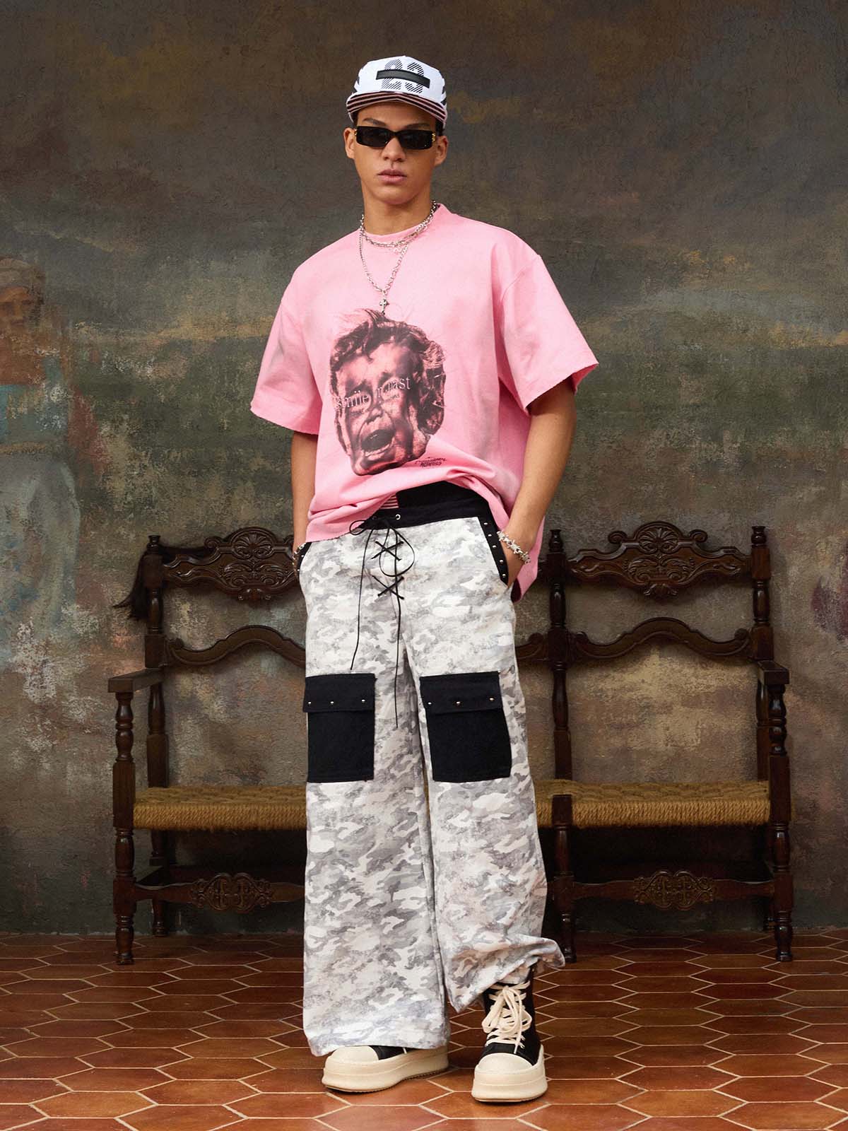 Camo Embroidered Double Waist Lace-Up Wide Leg Cargo Pants - 2599 - Image 4