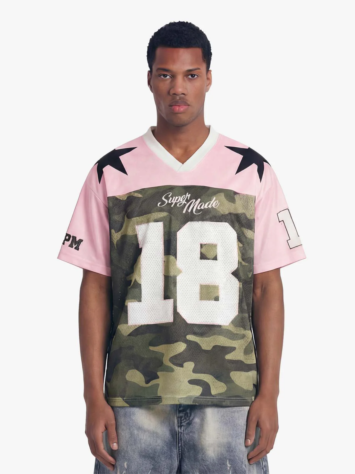 Camo Number Print Star Panel Mesh Jersey T-Shirt