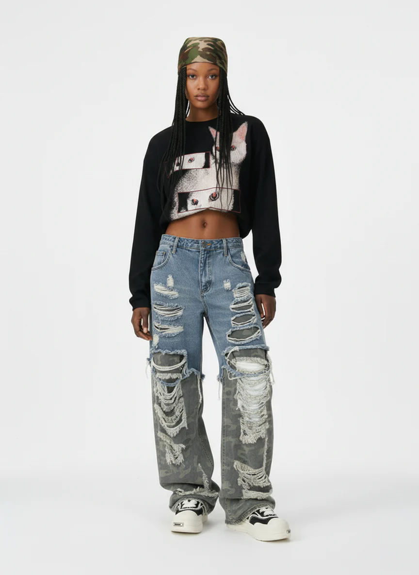Camouflage Patchwork Ripped Cargo Jeans - 2452 - Image 2