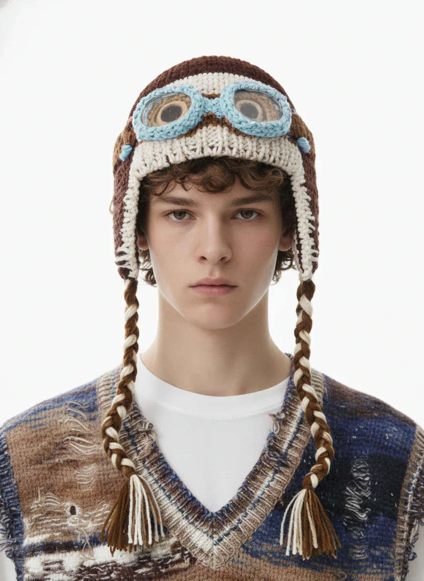 Colorblock Crochet Goggles Trapper Hat - Image 5