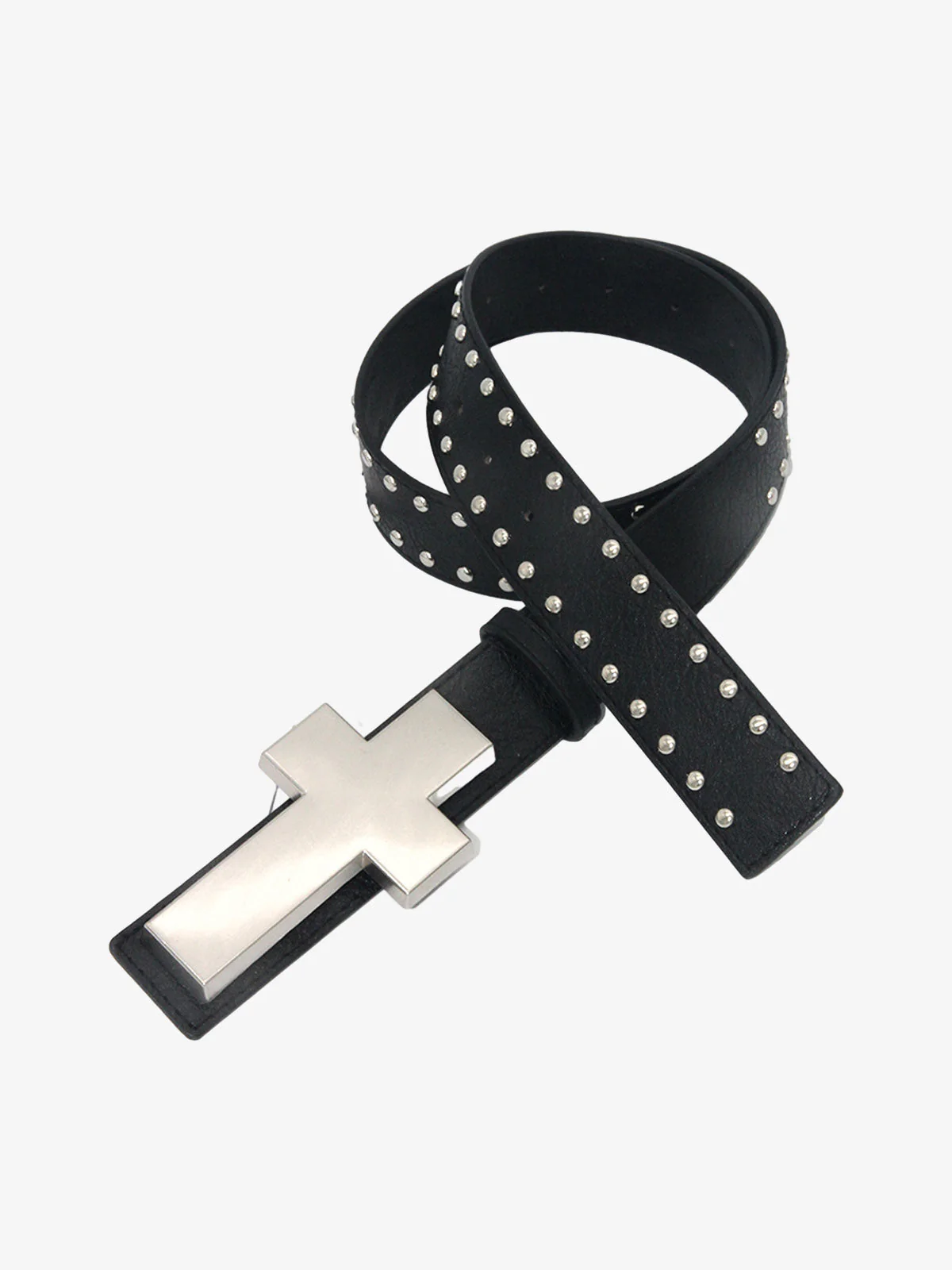 Cross Buckle Studded Black Leather Belt - Image 6