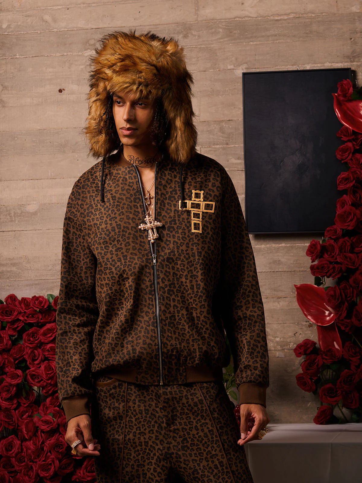 Cross Frame Leopard Print Baseball Jacket - 2572 - Image 10