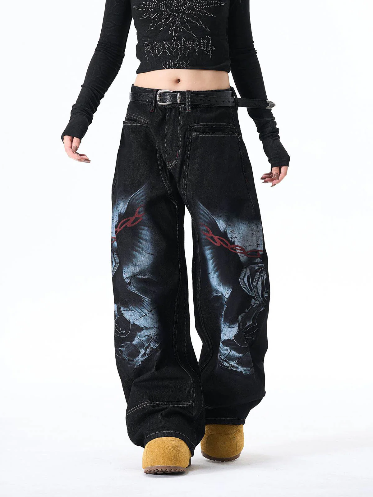 Dark Gothic Graphic Wide-Leg Jeans - Image 2