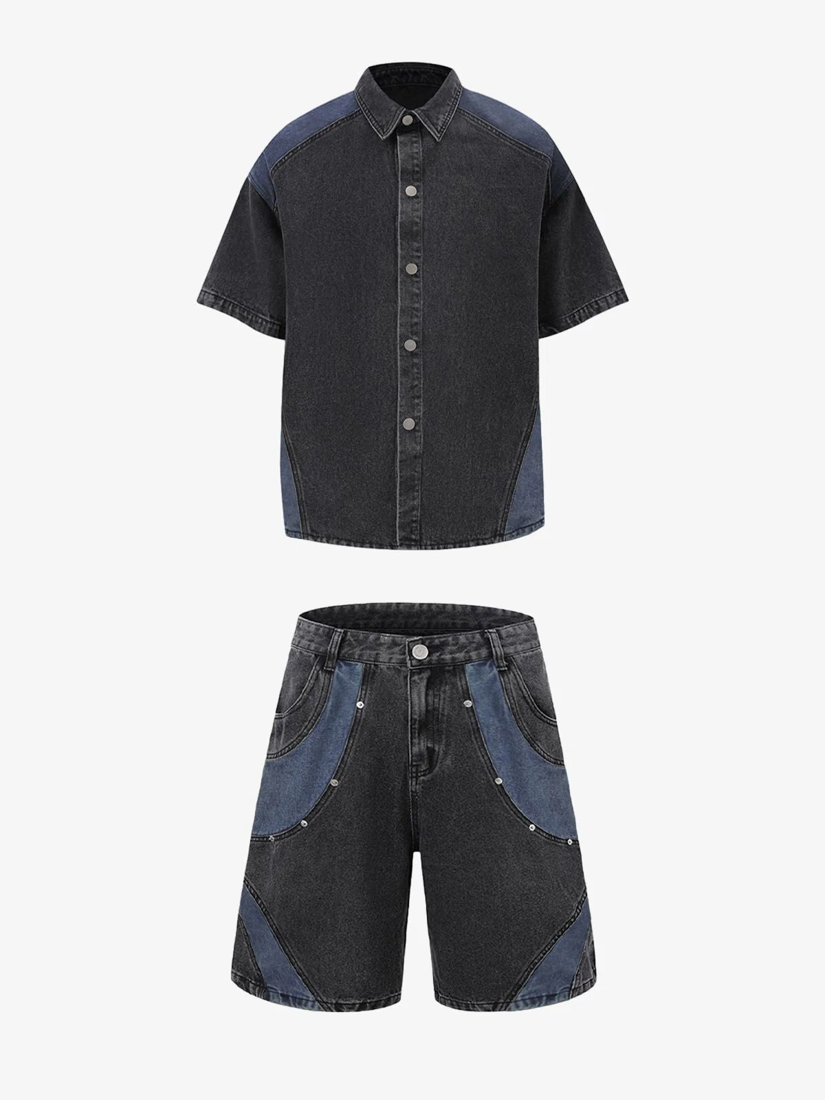 Deconstructed Patchwork Short-Sleeve Cropped Denim Set - Image 3