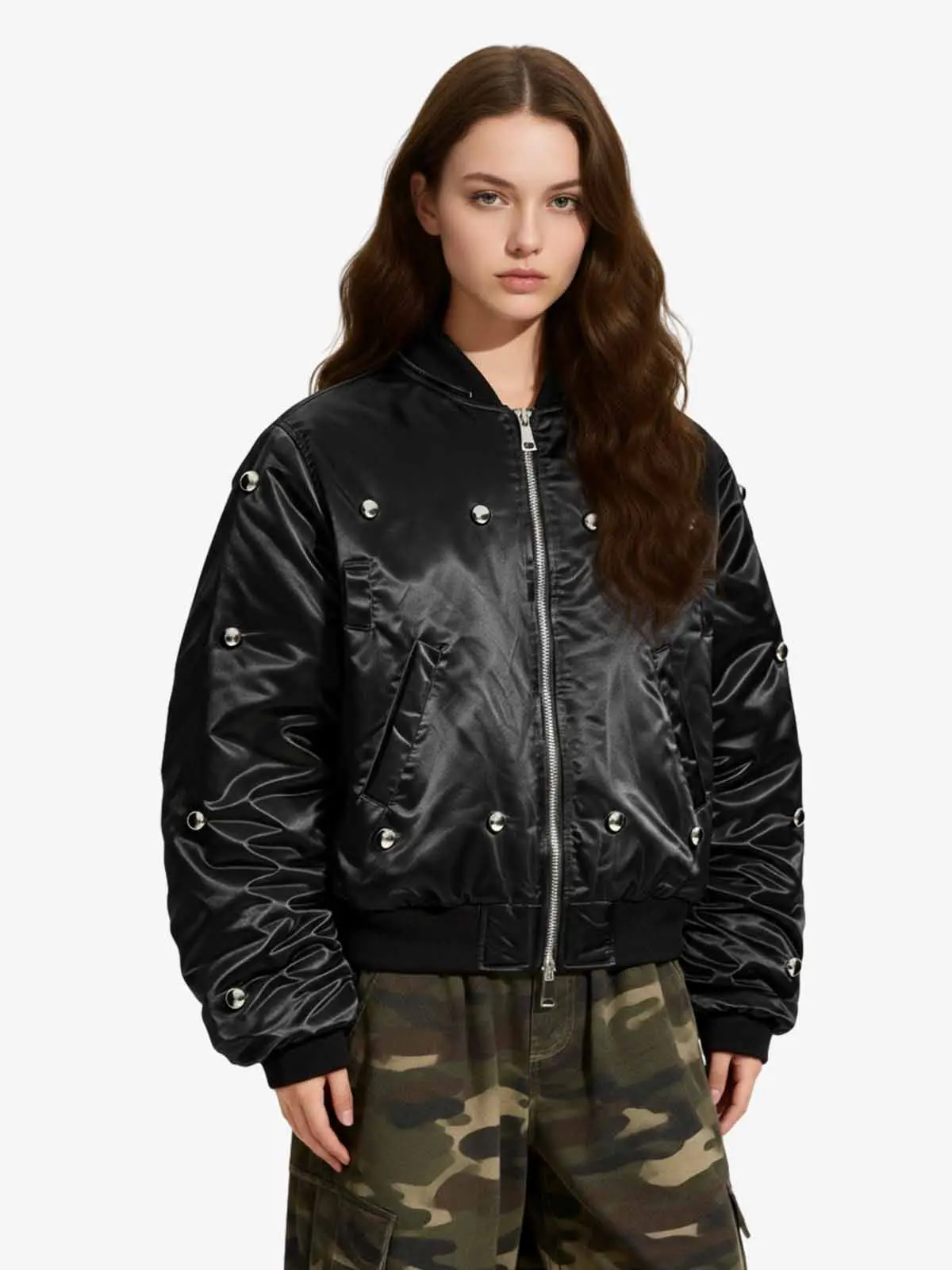 Detachable Faux Fur Collar Glossy Padded Bomber Jacket - Image 3
