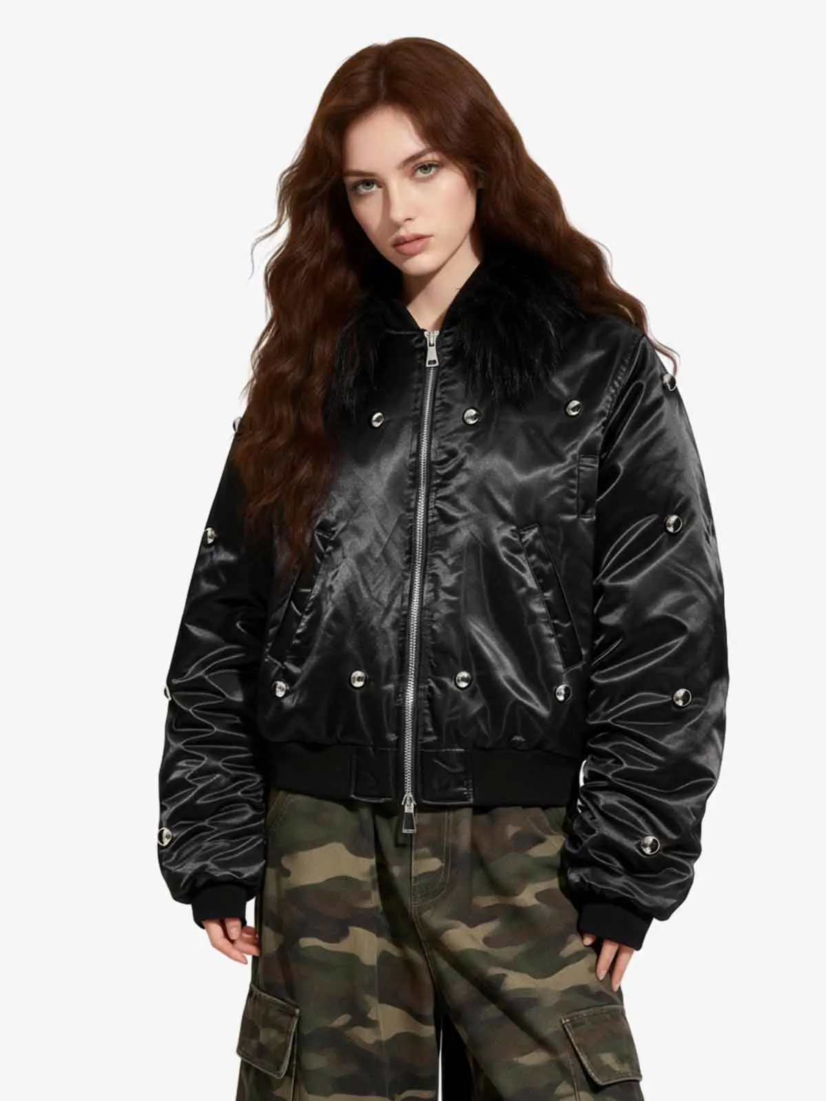 Detachable Faux Fur Collar Glossy Padded Bomber Jacket - Image 4