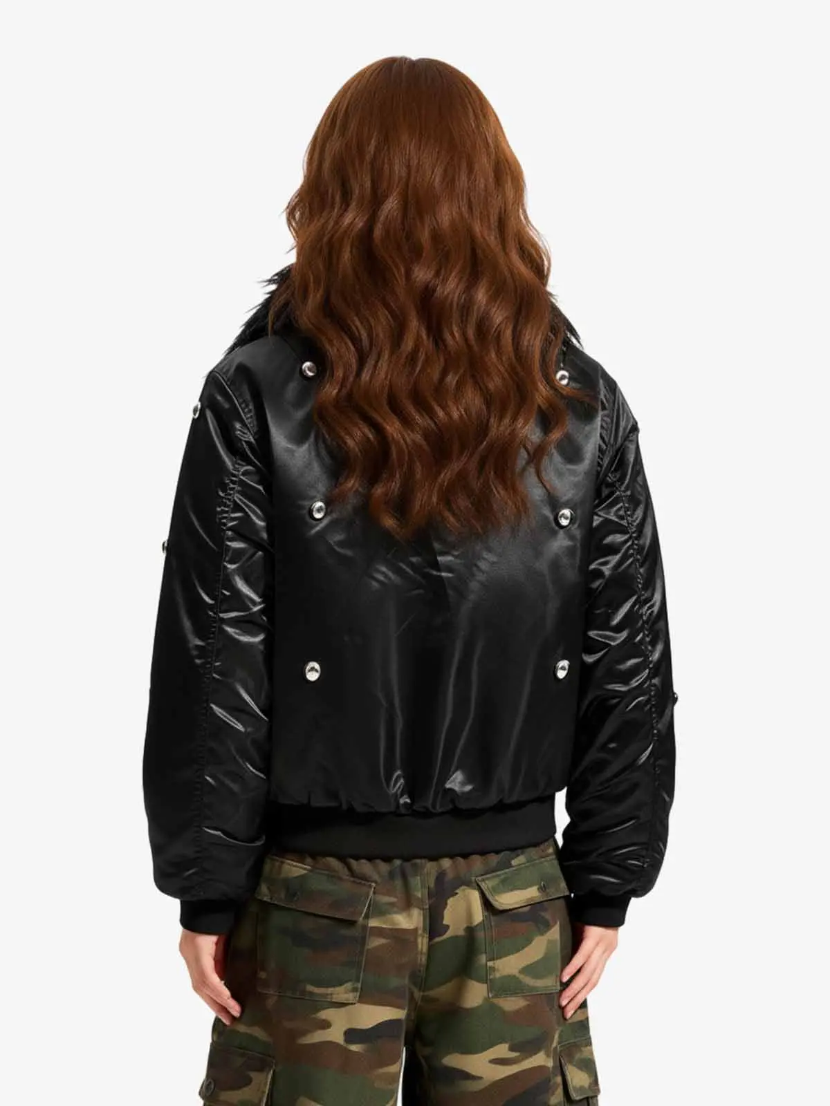 Detachable Faux Fur Collar Glossy Padded Bomber Jacket - Image 5