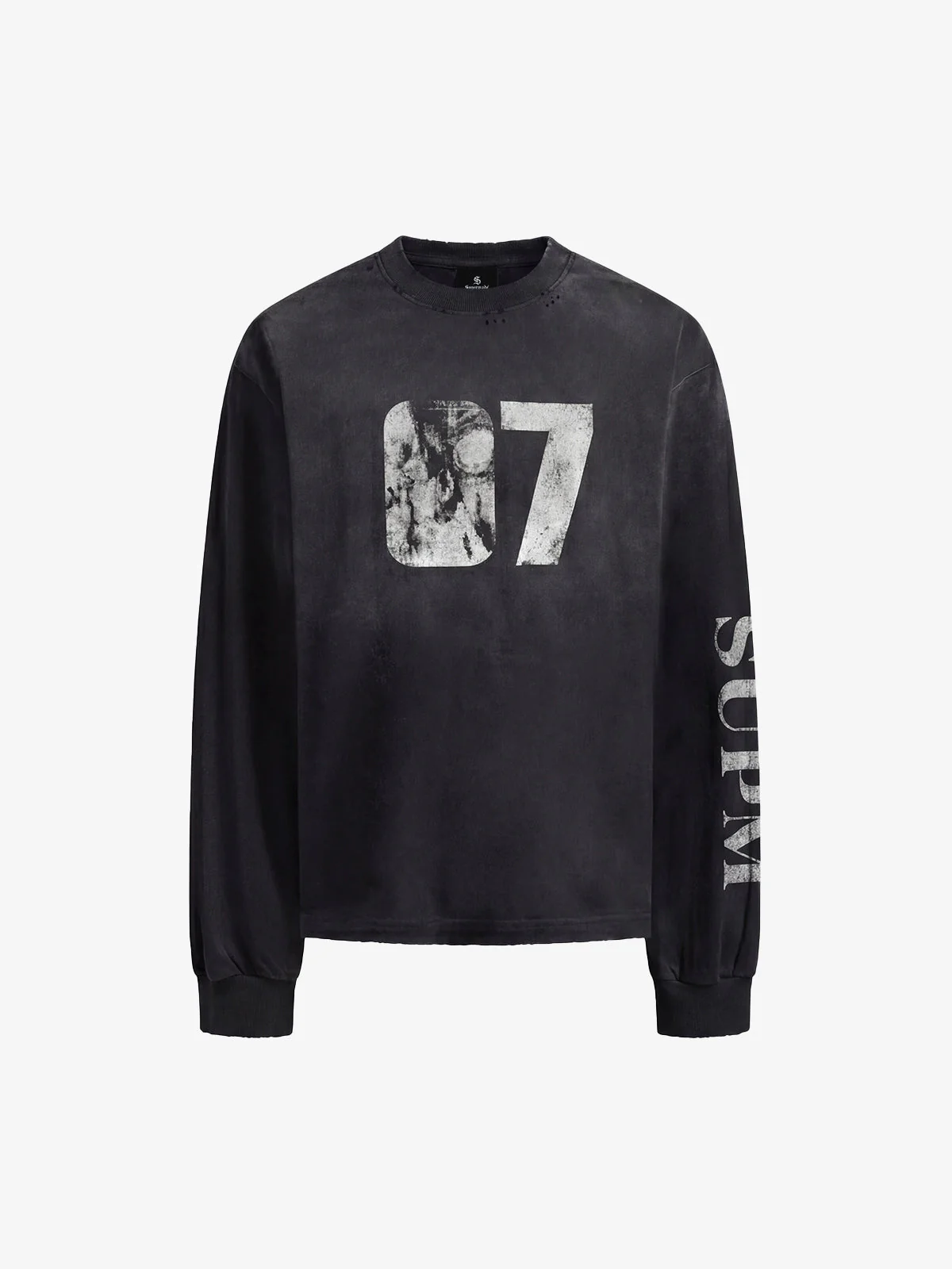 Distressed 07 Graphic Print Washed Long Sleeve T-Shirt - Image 2
