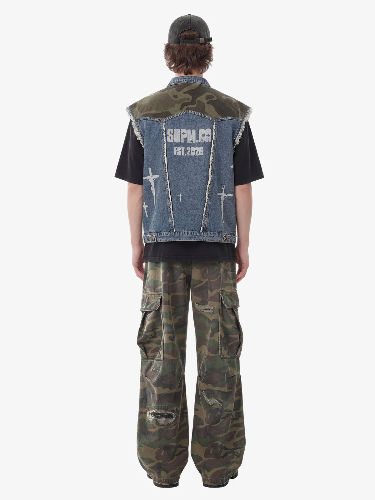 Distressed Camo Patchwork Sleeveless Denim Vest - Image 5
