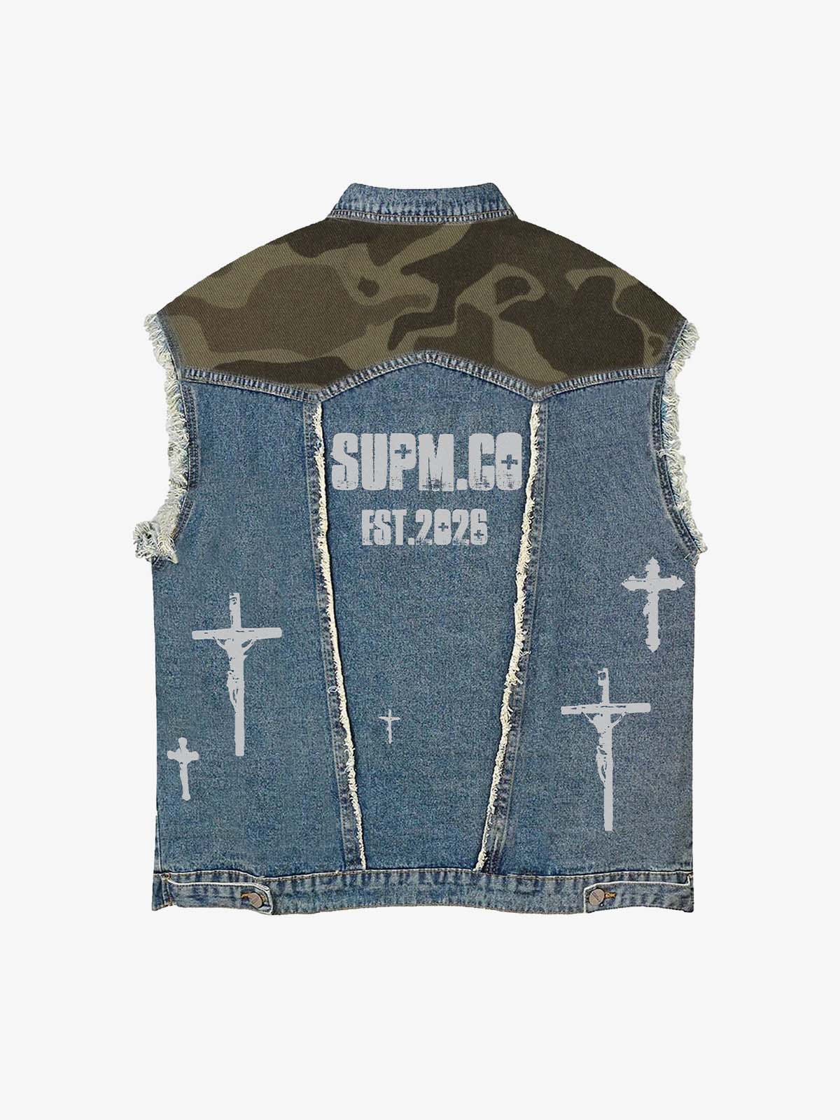 Distressed Camo Patchwork Sleeveless Denim Vest - Image 6