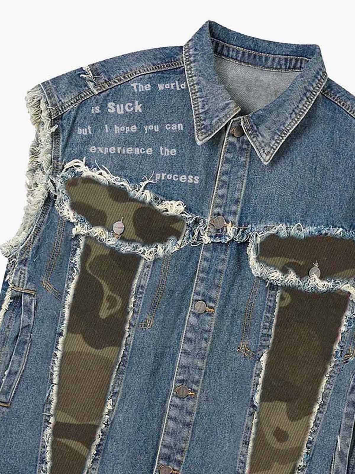 Distressed Camo Patchwork Sleeveless Denim Vest - Image 7