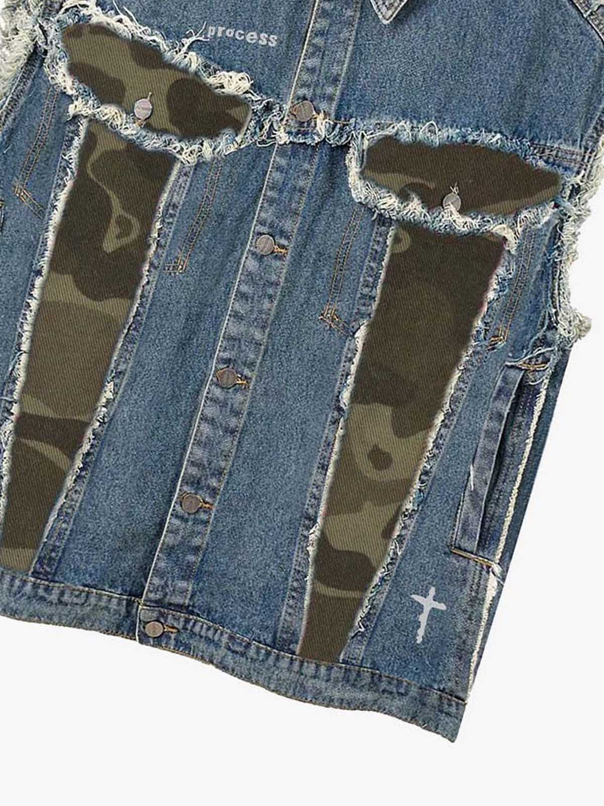 Distressed Camo Patchwork Sleeveless Denim Vest - Image 8