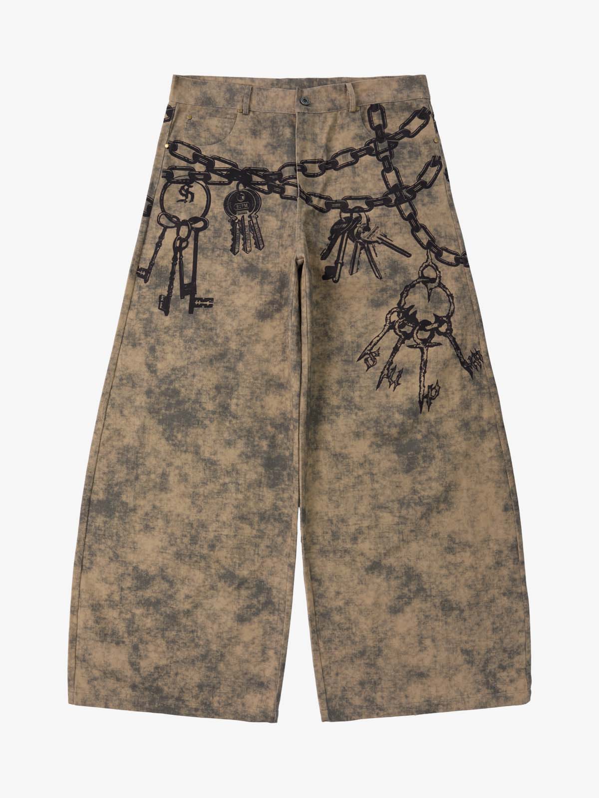 Distressed Chain And Key Print Baggy Pants