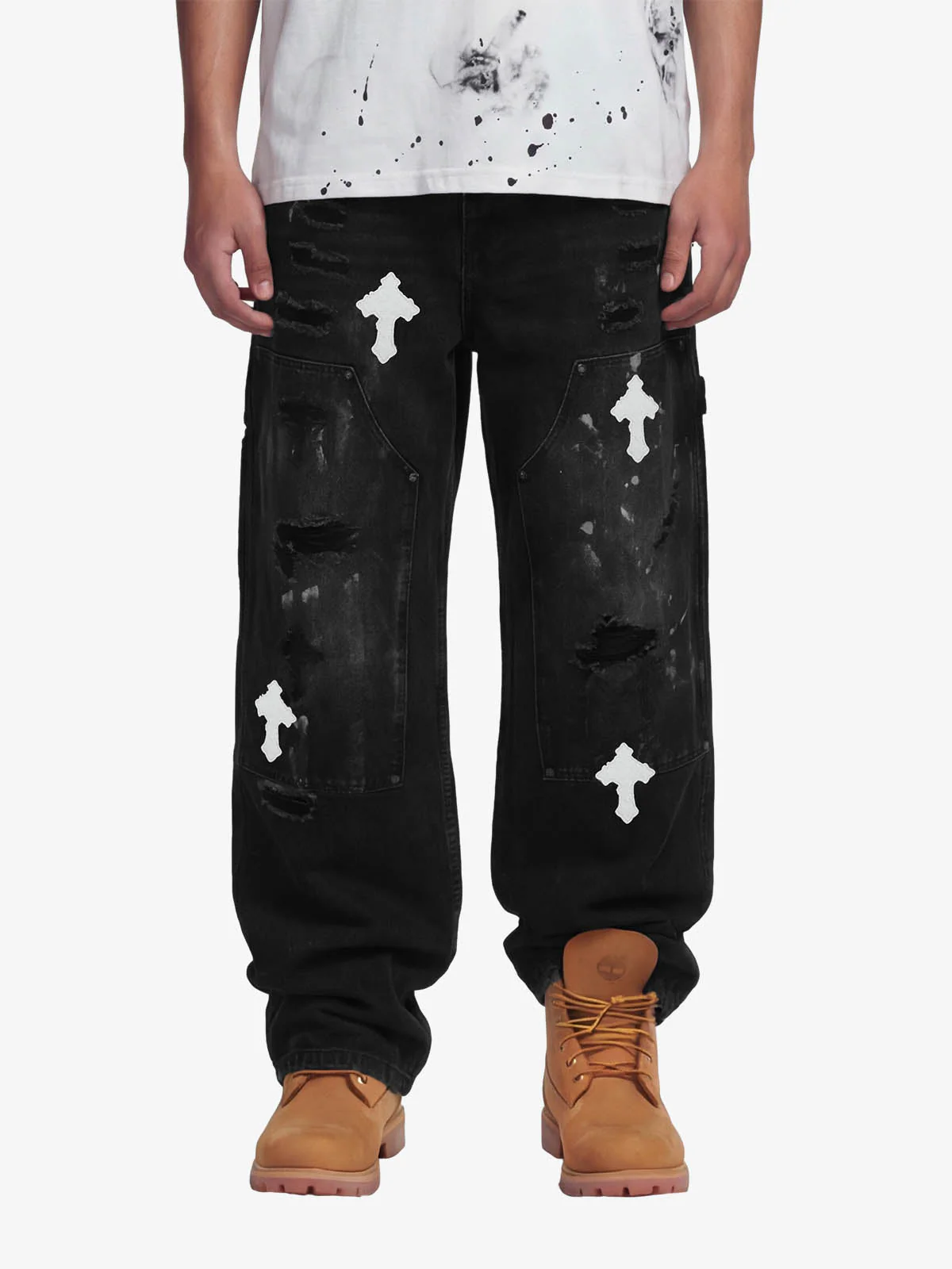 Distressed Cross Patchwork Baggy Denim Jeans