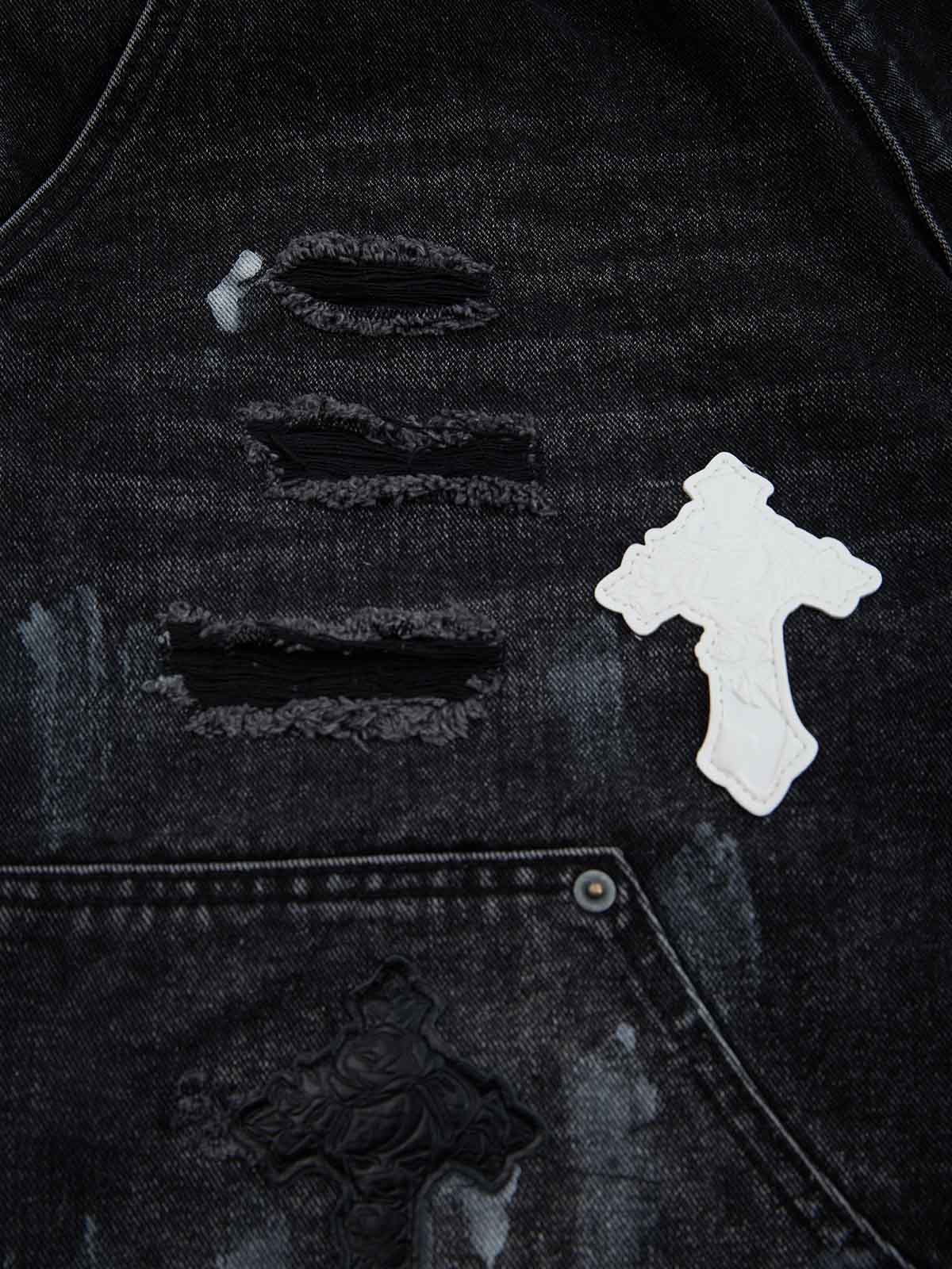 Distressed Cross Patchwork Baggy Denim Jeans - Image 10