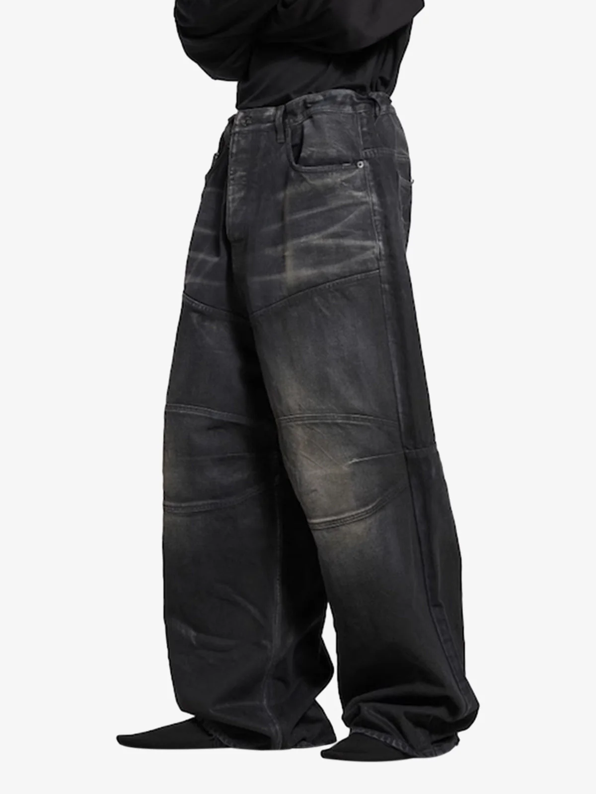 Distressed Drawstring Knee-Length Washed Baggy Jeans - Image 5