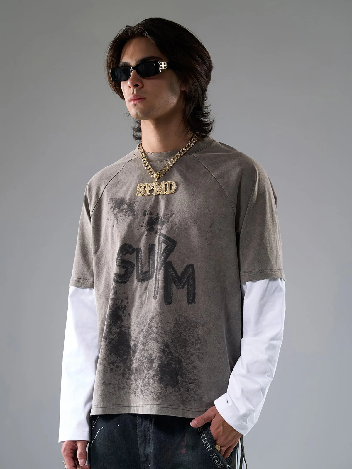 Washed Contrast Color Print Long Sleeve Cotton T-shirt - Image 3