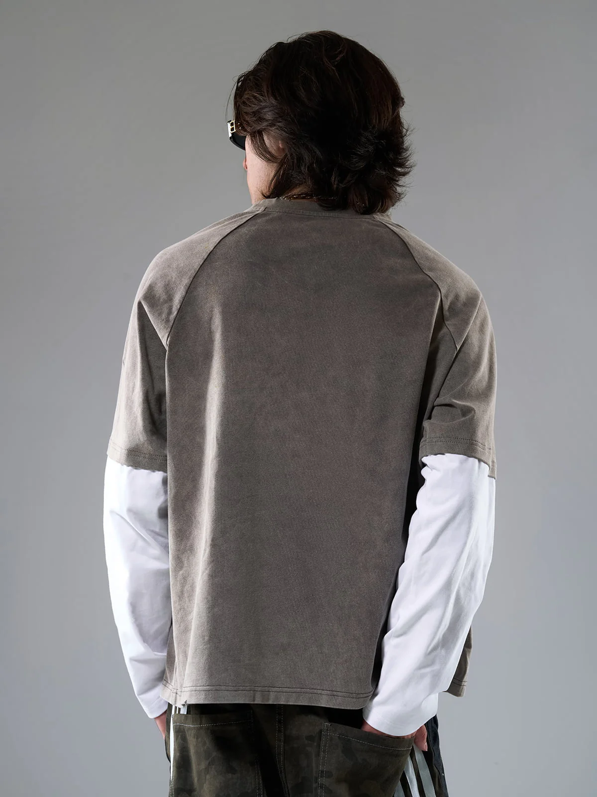 Washed Contrast Color Print Long Sleeve Cotton T-shirt - Image 4