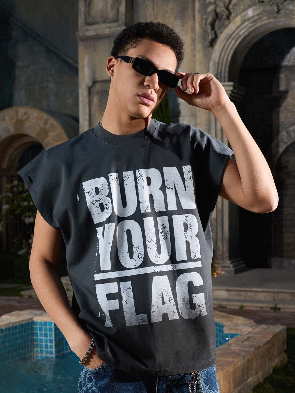 Distressed Ripped "Burn Your Flag" Sleeveless T-Shirt