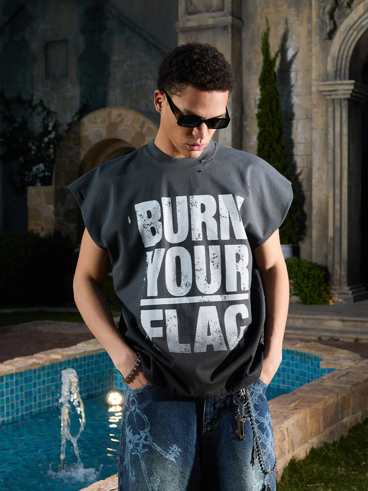 Distressed Ripped "Burn Your Flag" Sleeveless T-Shirt - Image 3