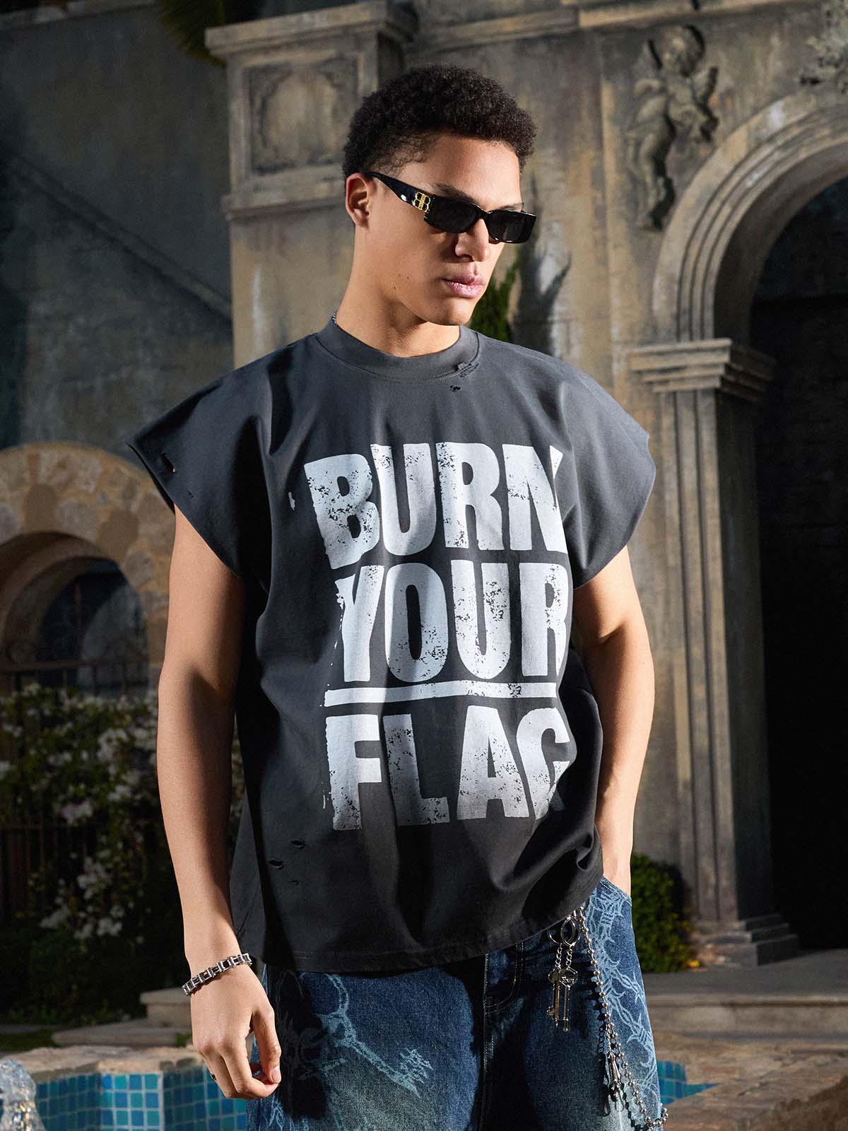 Distressed Ripped "Burn Your Flag" Sleeveless T-Shirt - Image 4