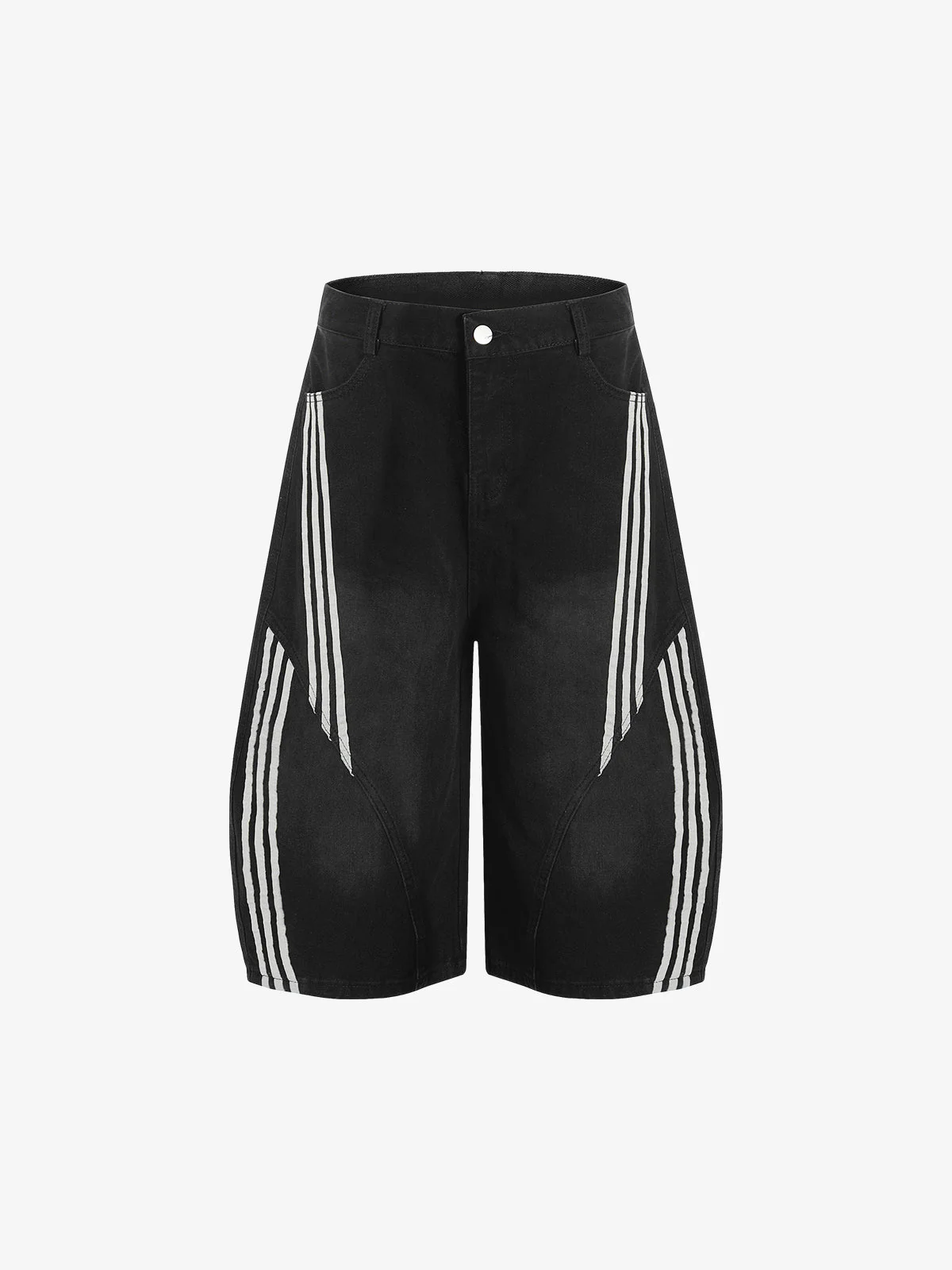 Faded Striped Panel Stitch Wide Leg Denim Jorts - Image 2