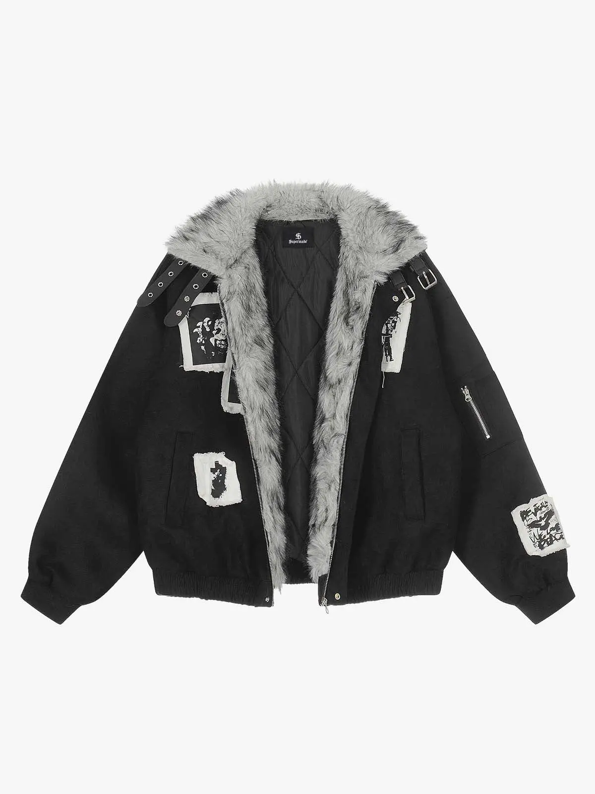 Faux Fur Collar Patchwork Embroidered Quilted Jacket
