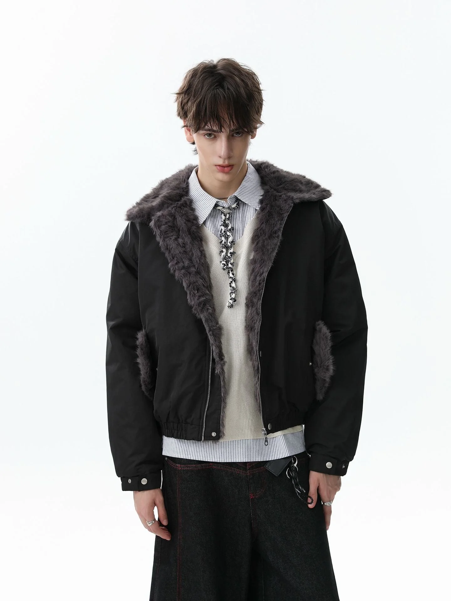Faux Fur Collar Zipper Padded Bomber Jacket - Image 7