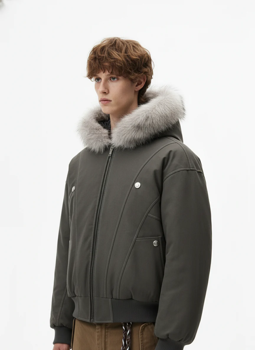 Faux Fur Hooded Padded Bomber Jacket - Image 3