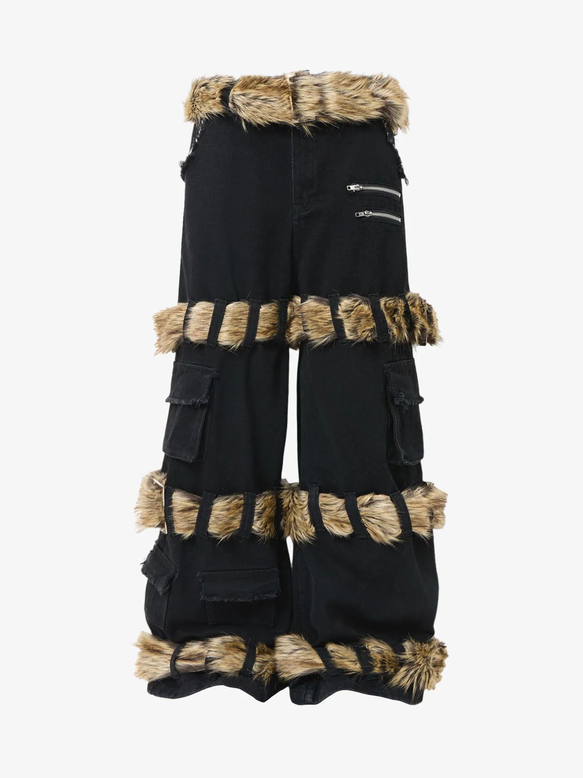 Faux Fur Trim Detail Multi-Pocket Wide Leg Cargo Jeans