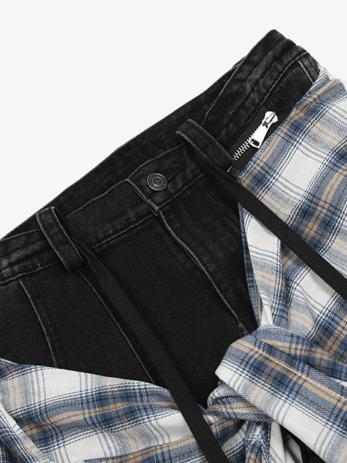 Denim Faux Two-piece Plaid Detachable Scimitar Jeans - 2435 - Image 10