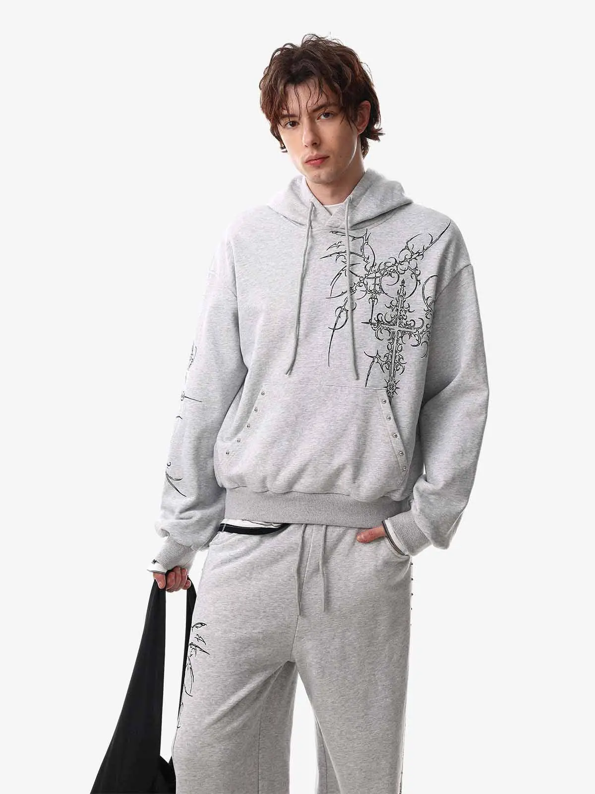 Floral Line Art Studded Pocket Hoodie - Image 3