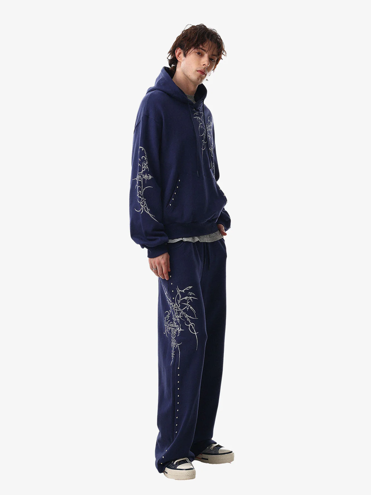 Floral Line Art Studded Pocket Hoodie - Image 5