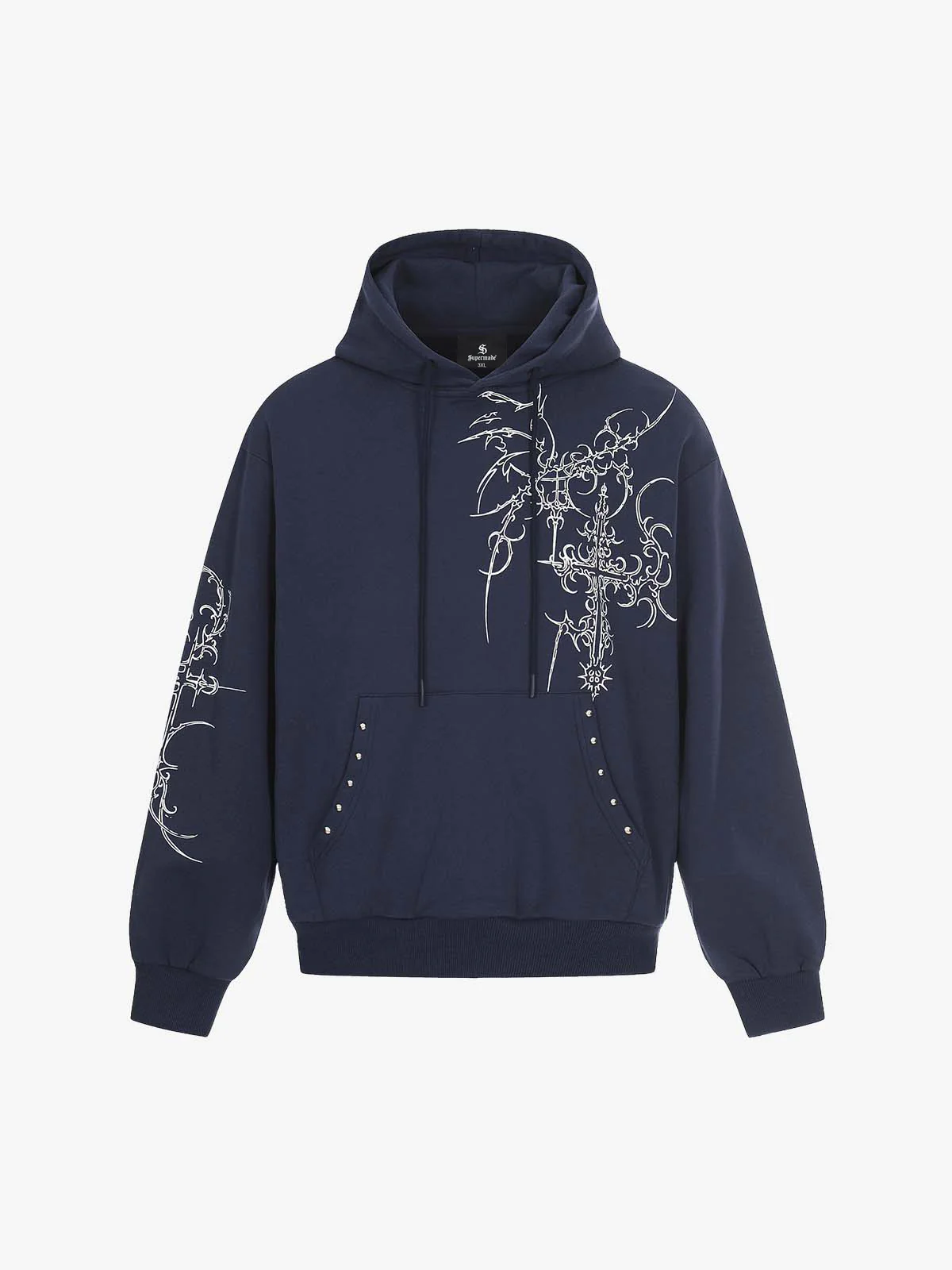 Floral Line Art Studded Pocket Hoodie - Image 6