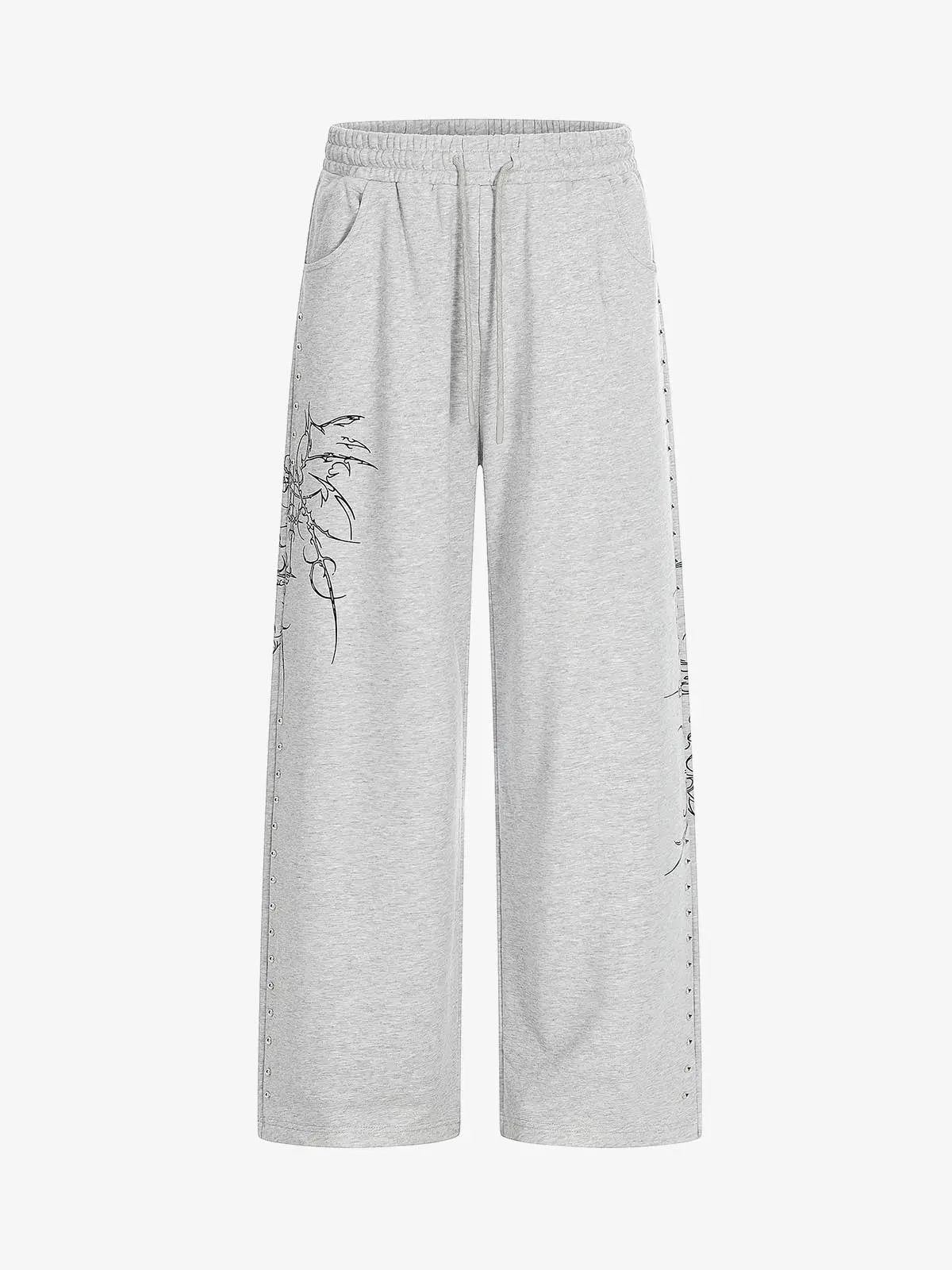 Floral Line Art Studded Wide Leg Drawstring Sweatpants - Image 2