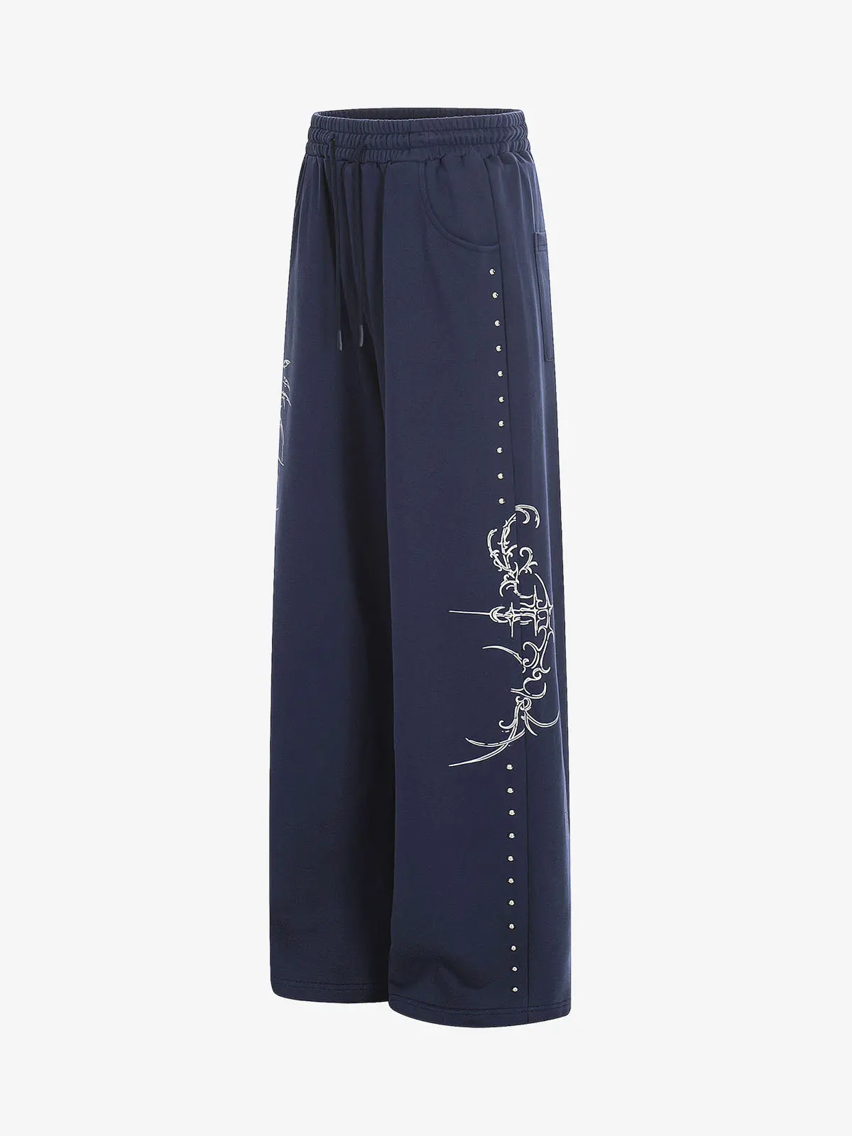 Floral Line Art Studded Wide Leg Drawstring Sweatpants - Image 5