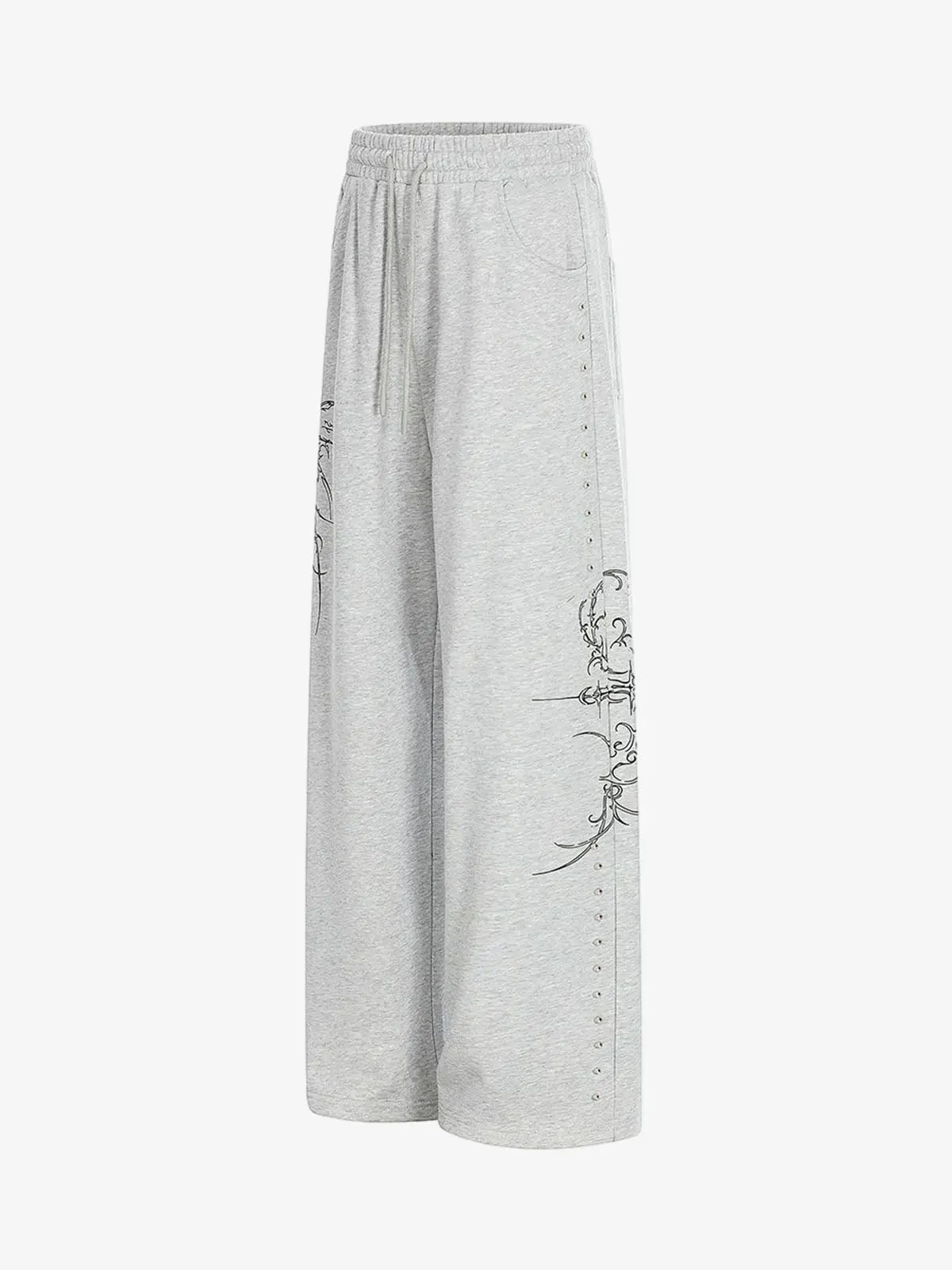 Floral Line Art Studded Wide Leg Drawstring Sweatpants - Image 6