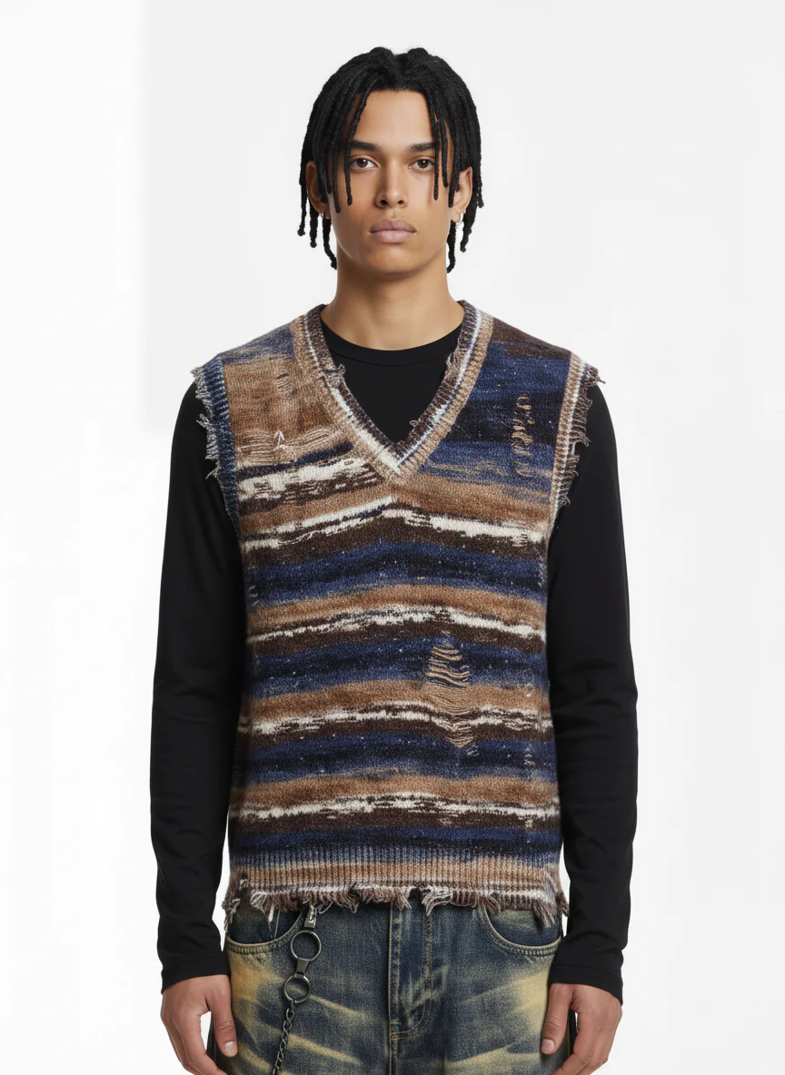 Frayed Edge Striped V Neck Knit Vest - Image 3