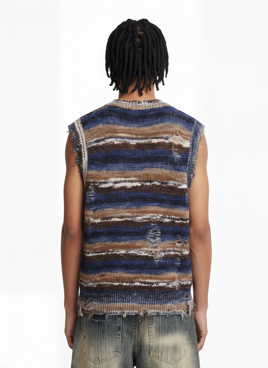 Frayed Edge Striped V Neck Knit Vest - Image 4
