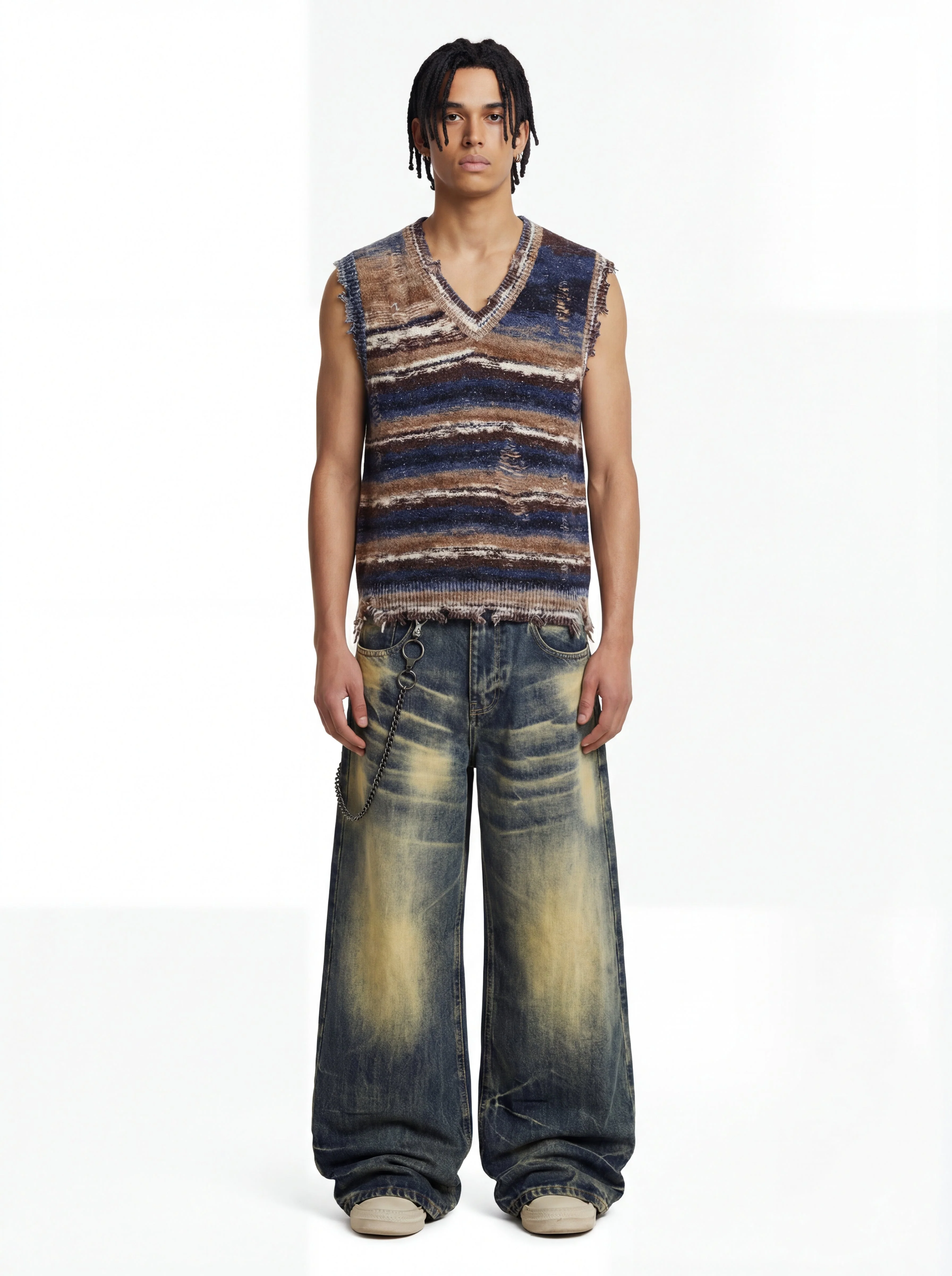 Frayed Edge Striped V Neck Knit Vest - Image 5