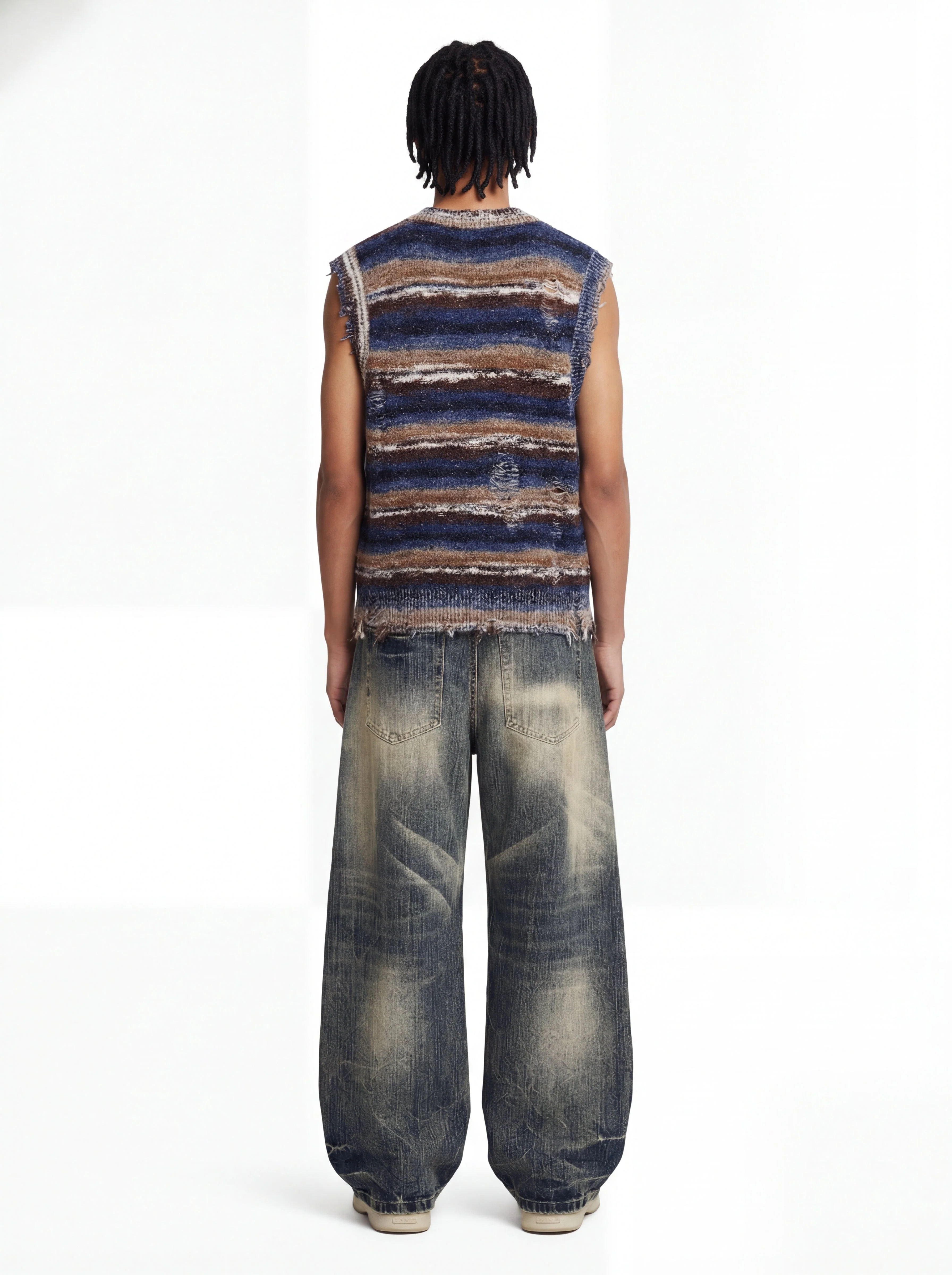 Frayed Edge Striped V Neck Knit Vest - Image 7