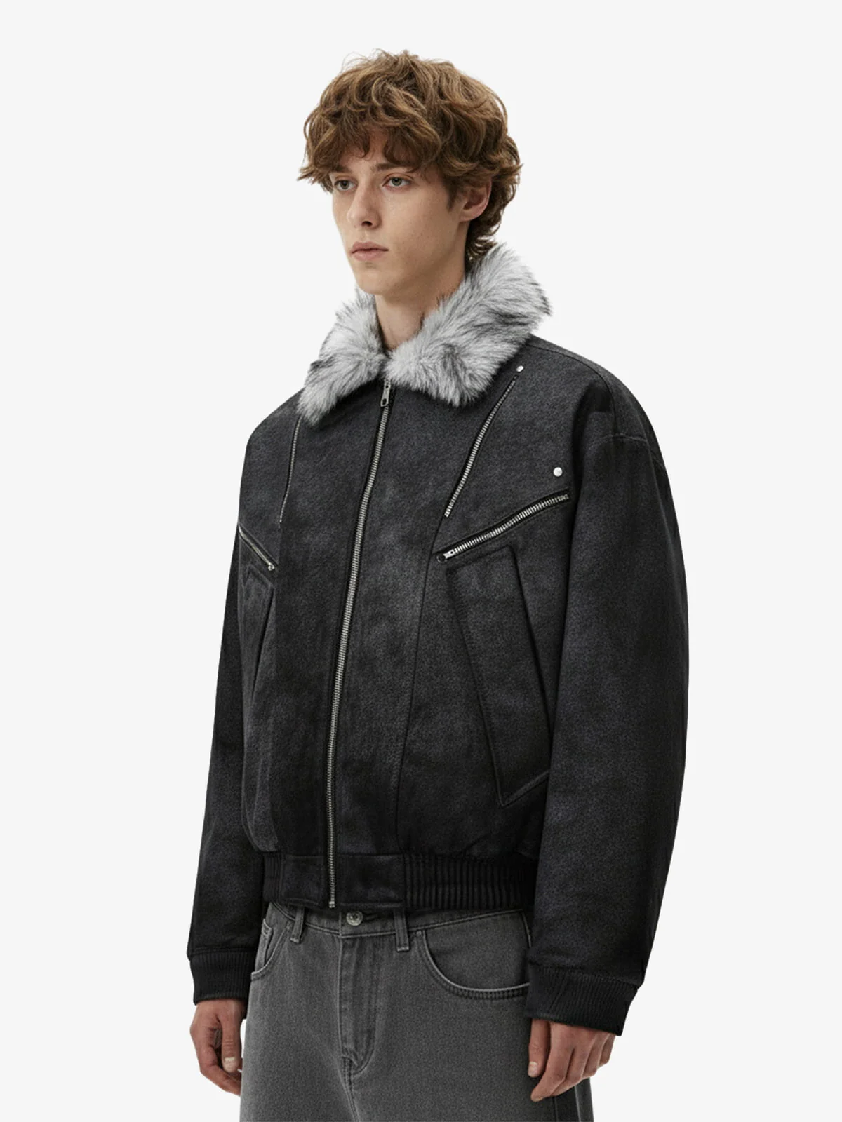 Fur Collar Moto-Style Zip Up Bomber Jacket - Image 3
