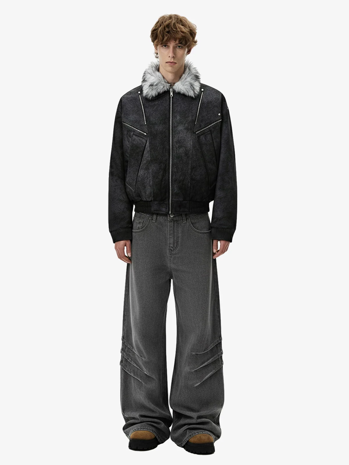 Fur Collar Moto-Style Zip Up Bomber Jacket - Image 5
