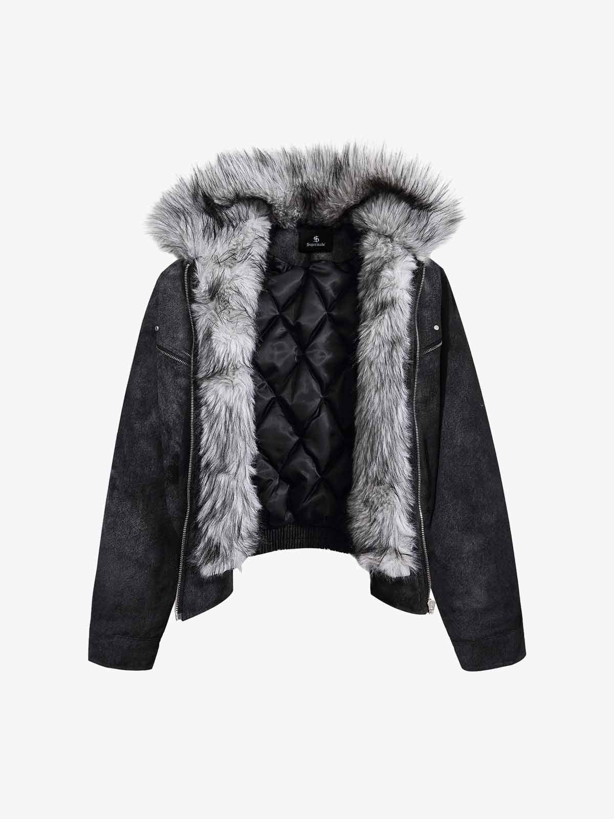 Fur Collar Moto-Style Zip Up Bomber Jacket - Image 7