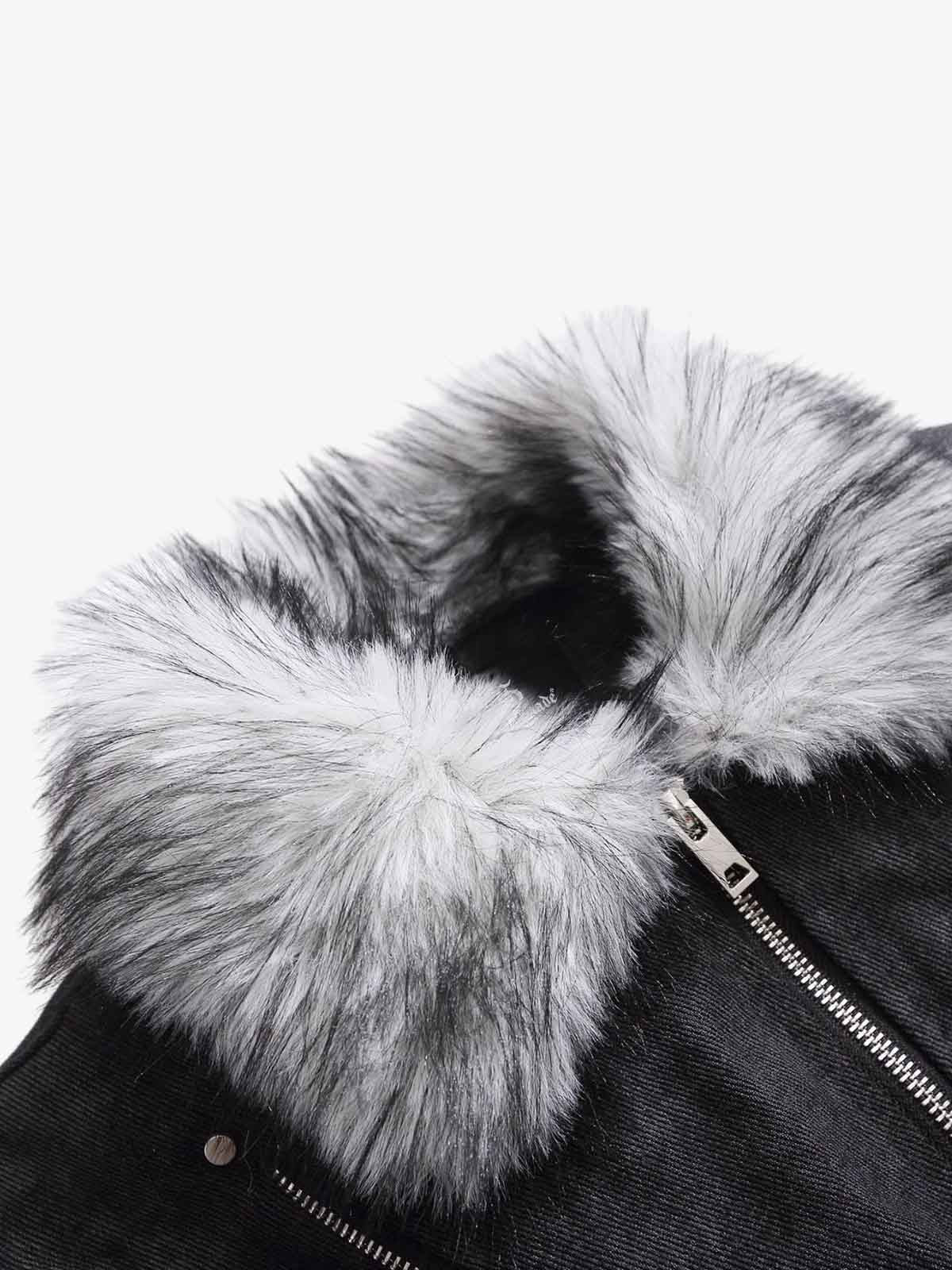 Fur Collar Moto-Style Zip Up Bomber Jacket - Image 9